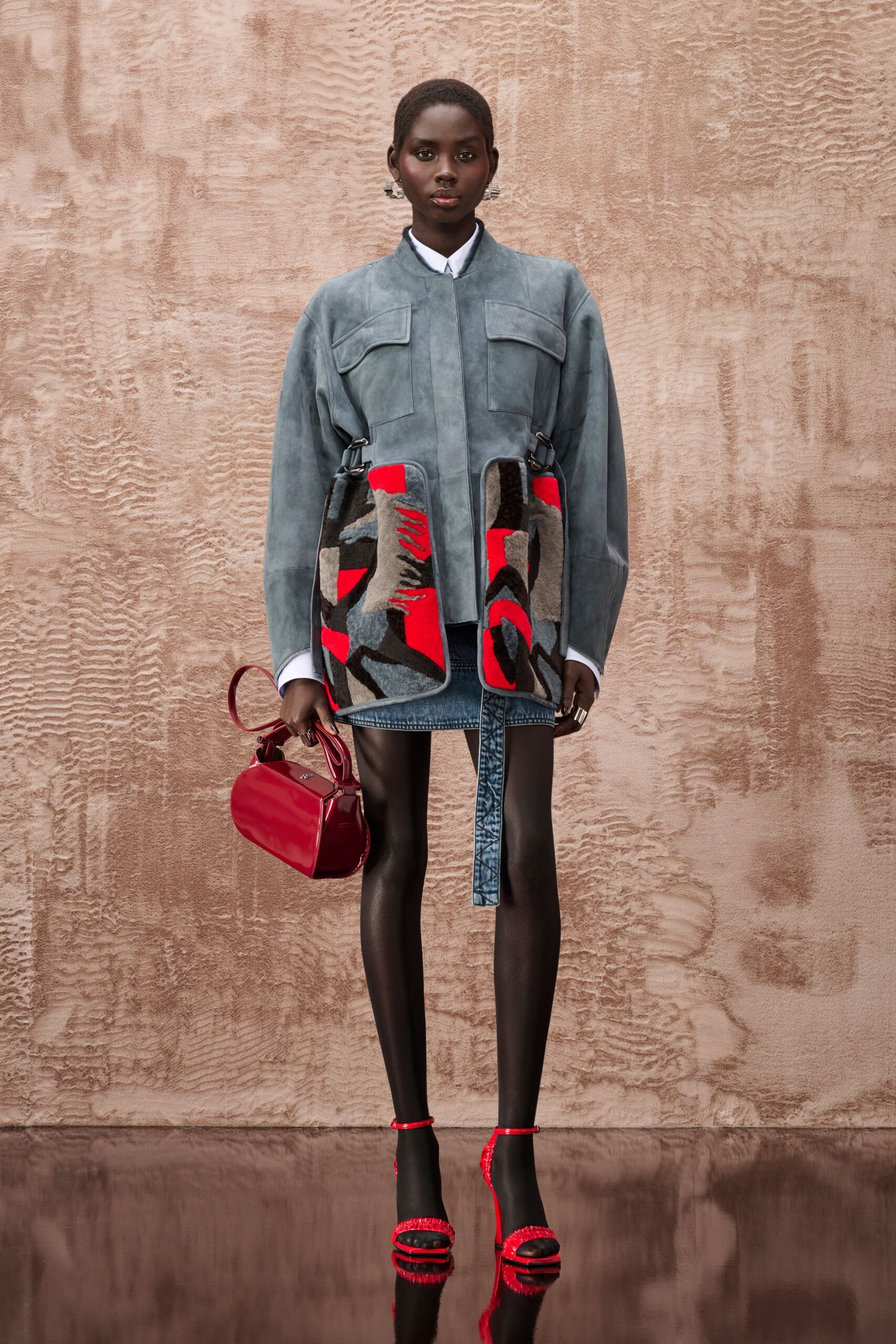 gray suede long-sleeve collared relaxed pockets color-blocked jacket