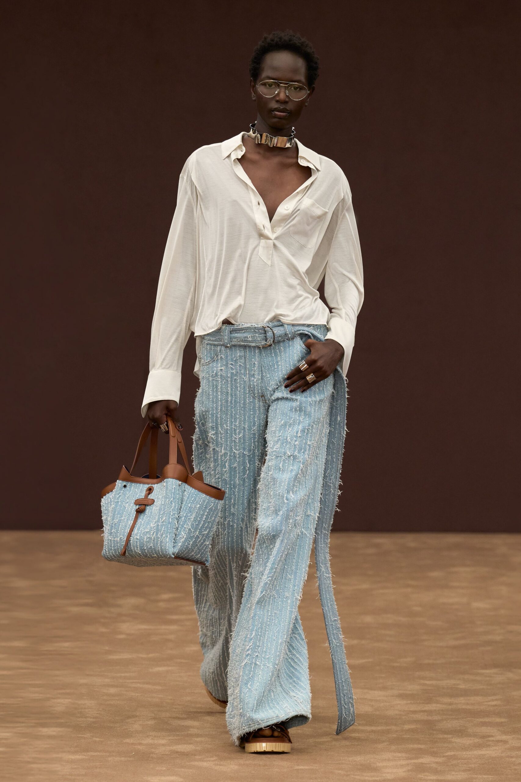 blue denim fitted high-waisted fringed wide-leg pants