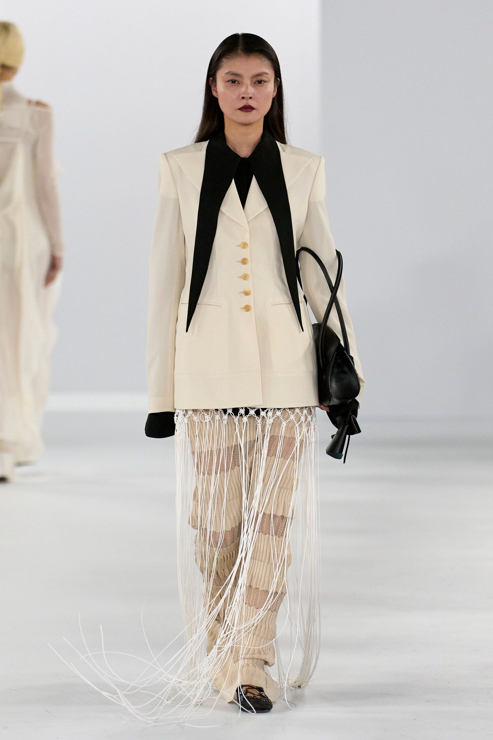 white cotton long-sleeve collared structured buttoned blazer