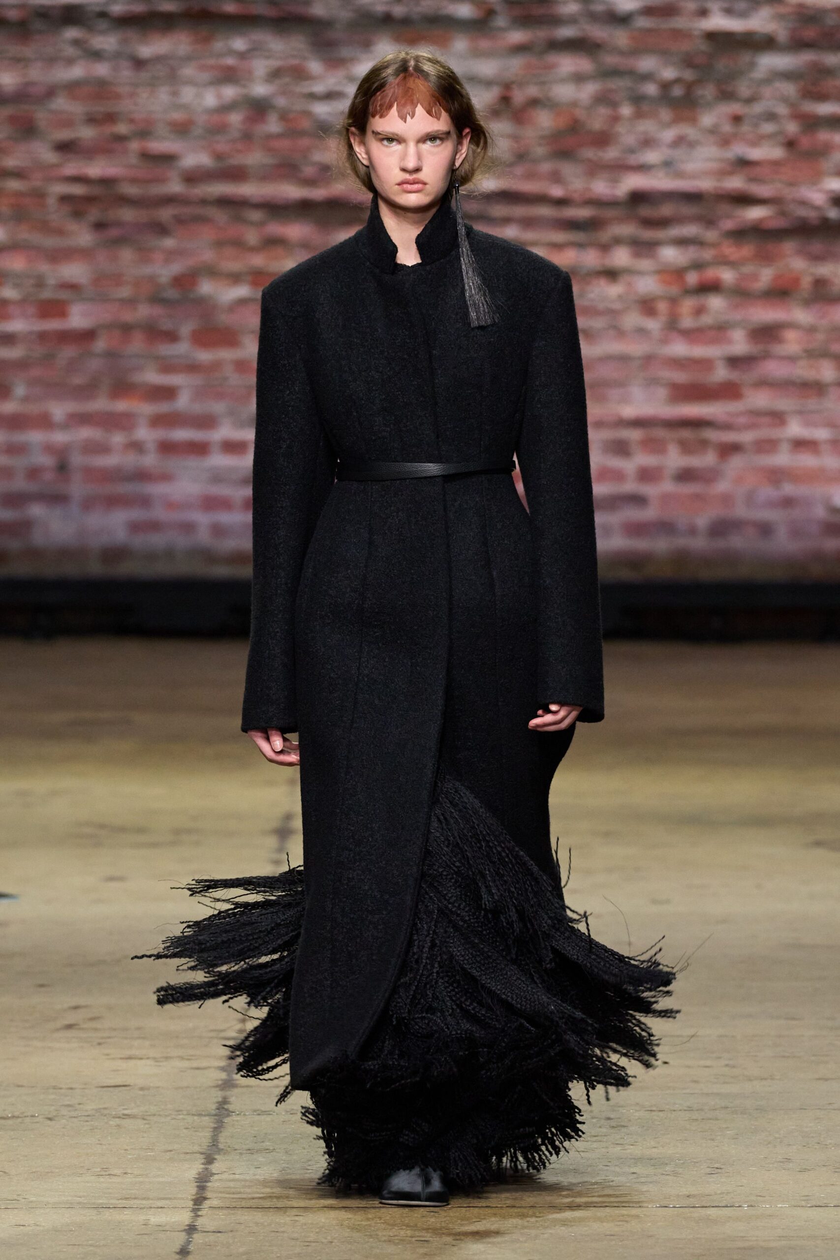 black wool long-sleeve collared fitted belted fringed coat