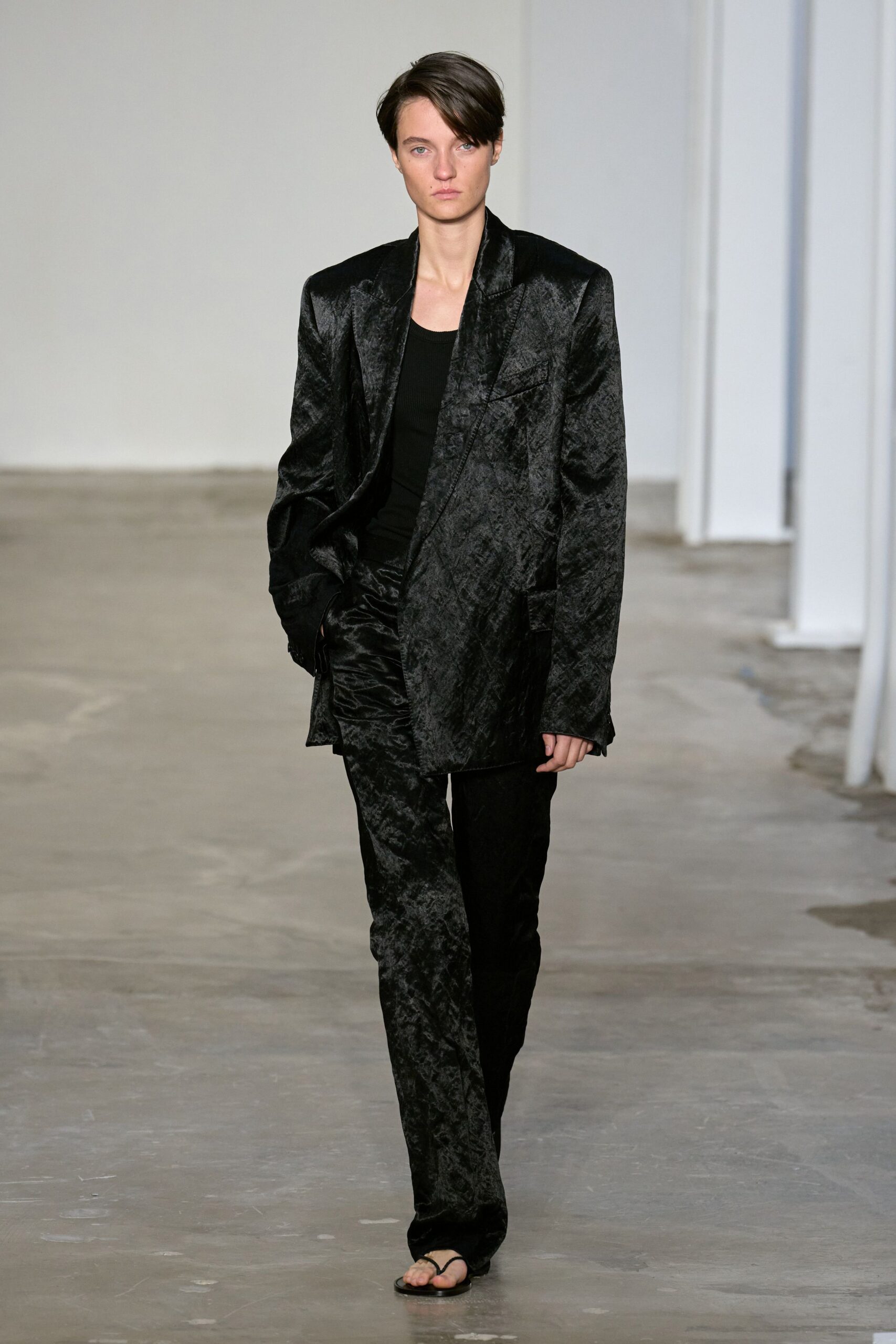 black silk slim straight-leg pants