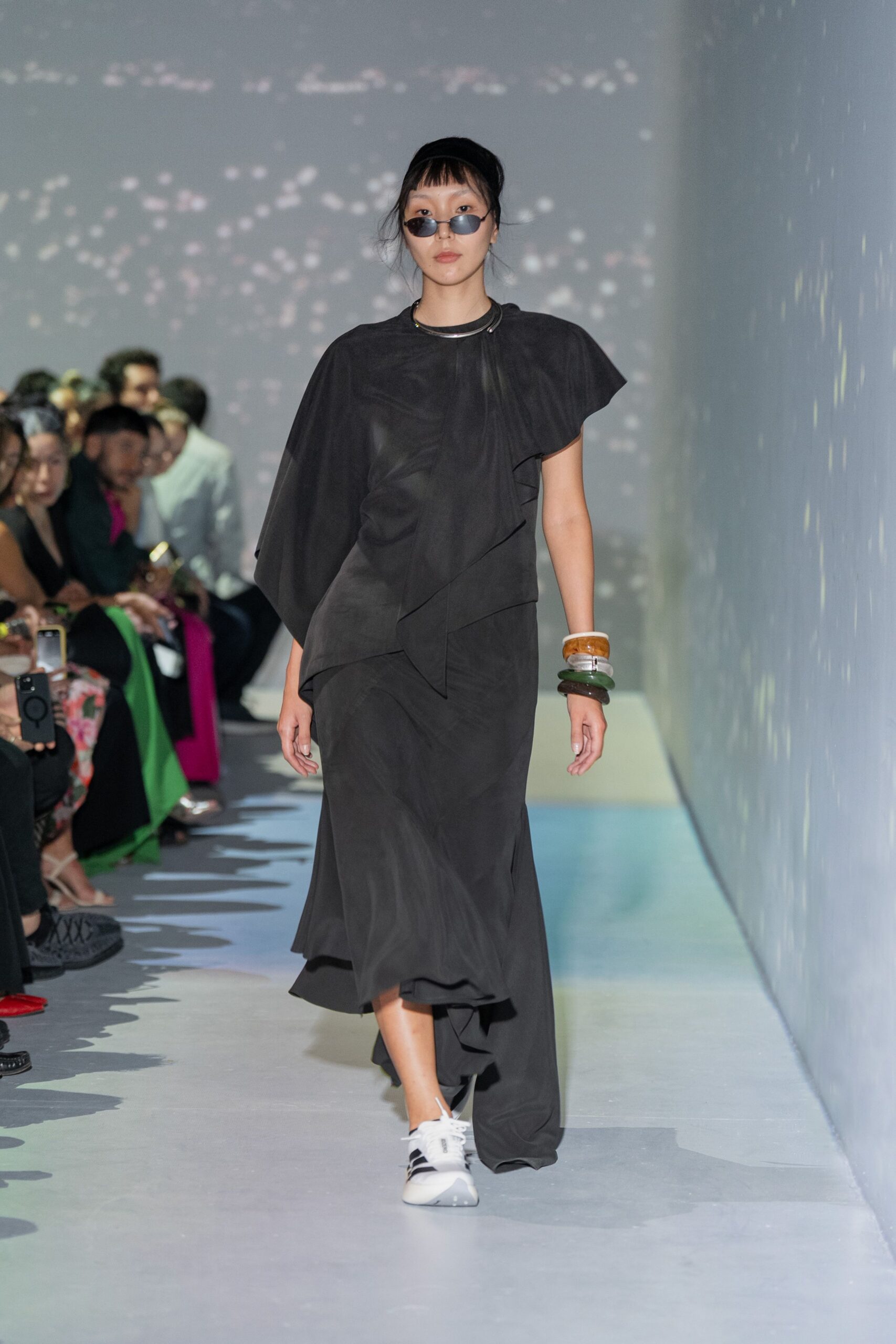 black silk sleeveless asymmetric relaxed draped midi dress
