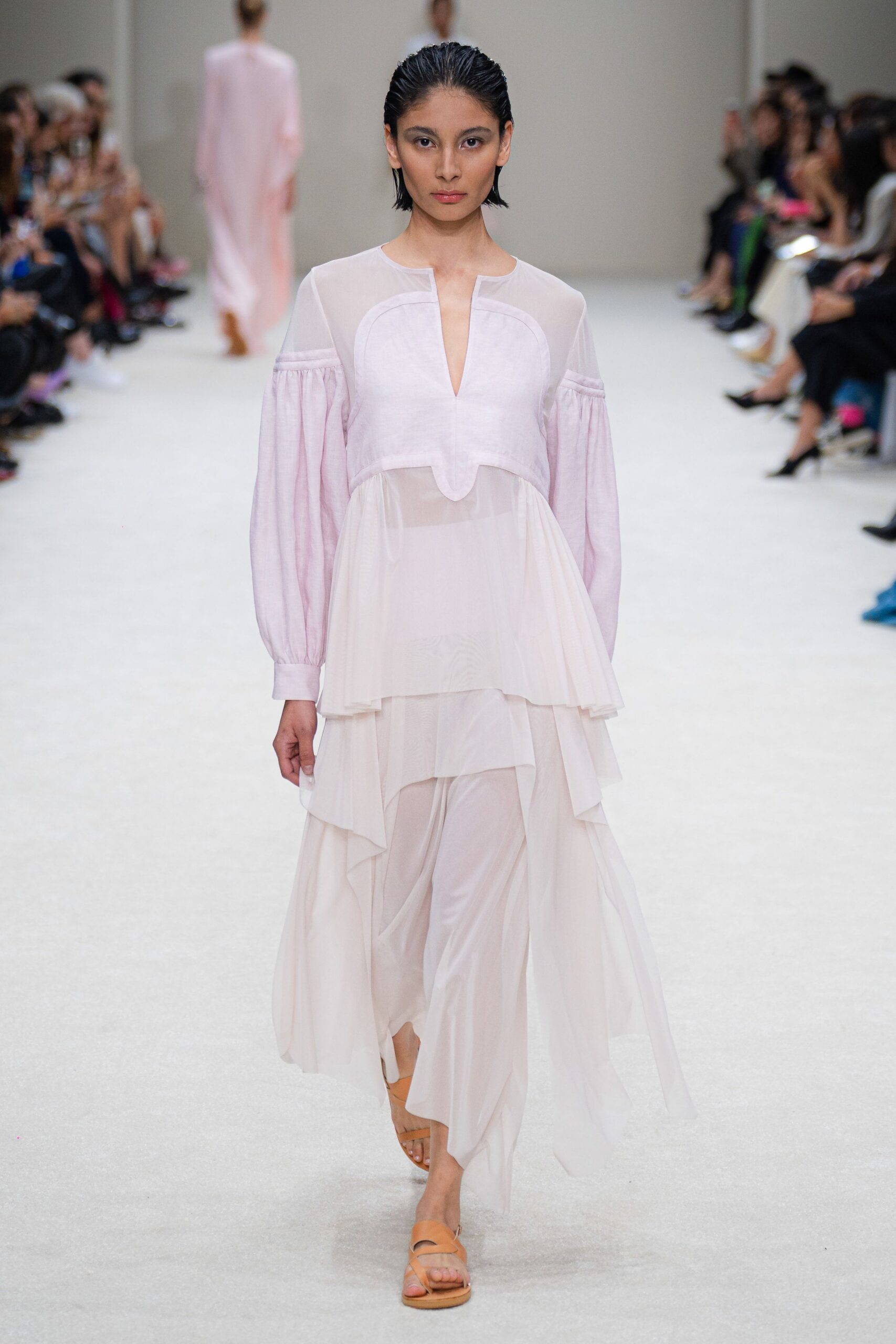pink silk long-sleeve v-neck relaxed layered flowing dress