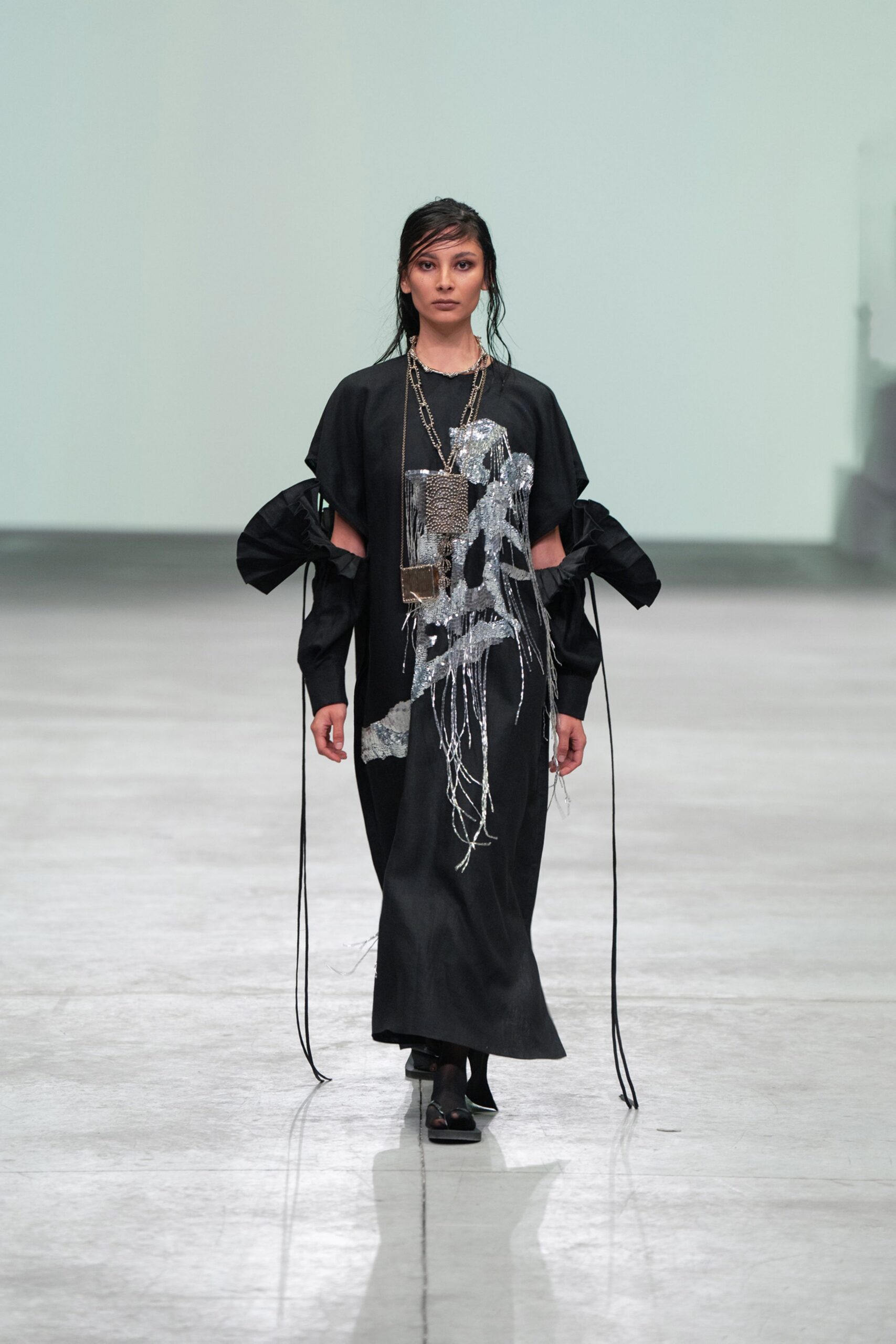 black silk long-sleeve v-neck relaxed draped layered dress
