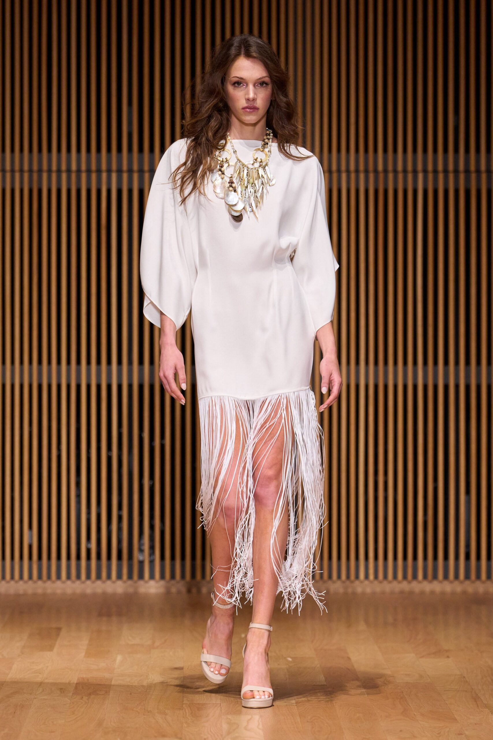 white fringed midi dress with beige shoes