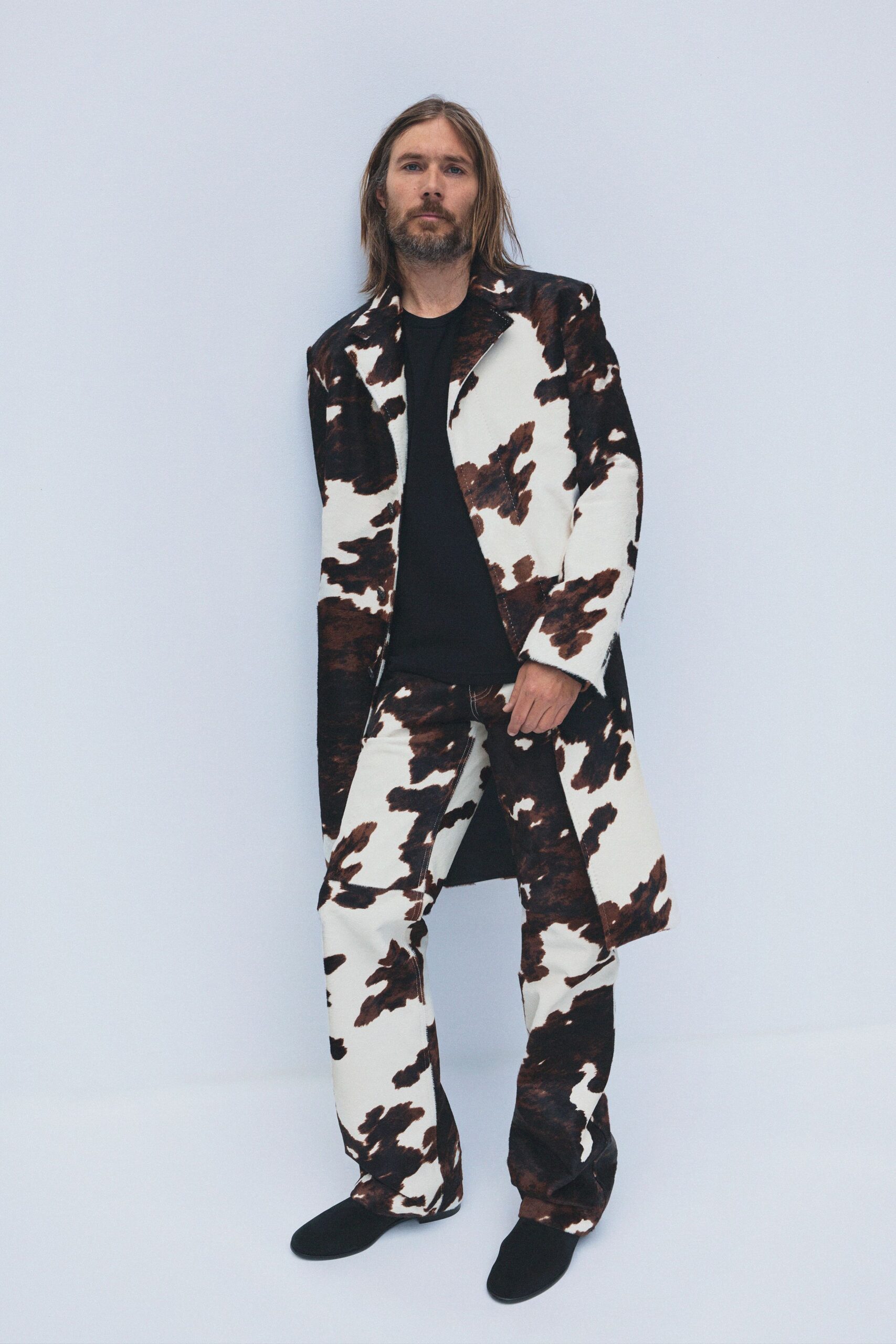 printed coat and pants outfit