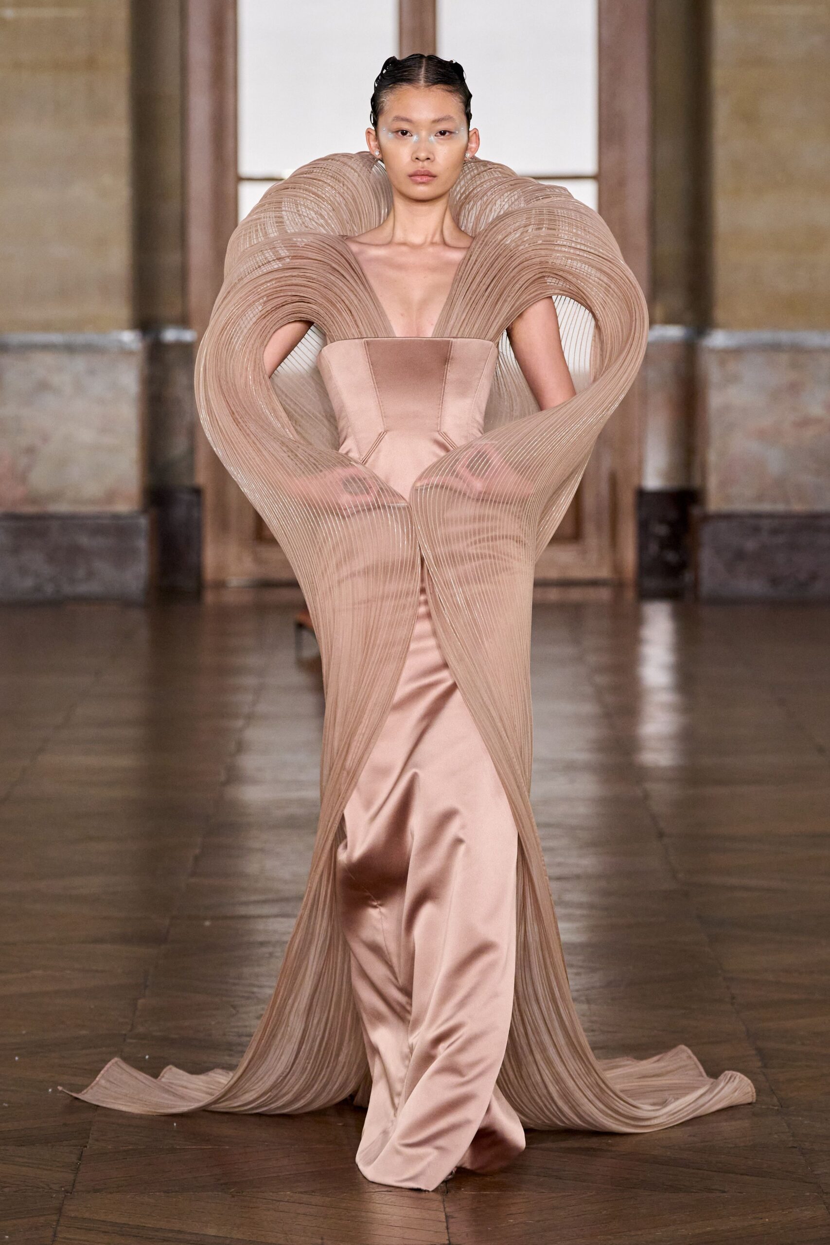 beige silk sleeveless gown