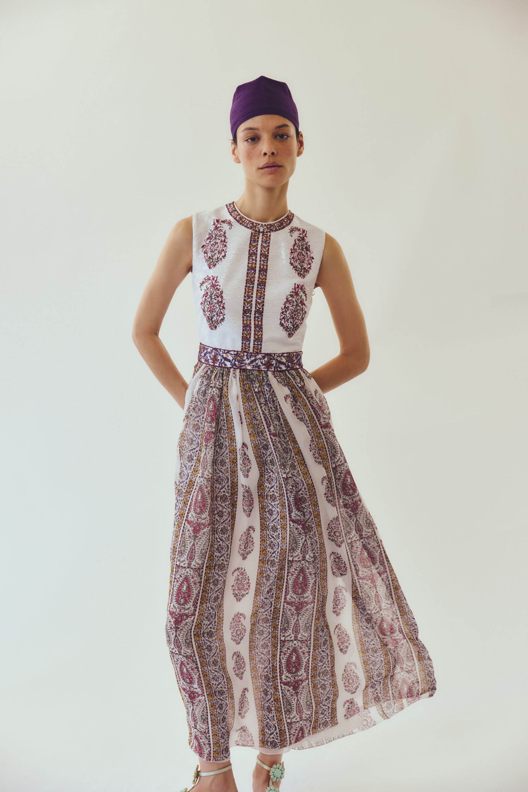 white cotton sleeveless high-neck fitted printed tiered dress
