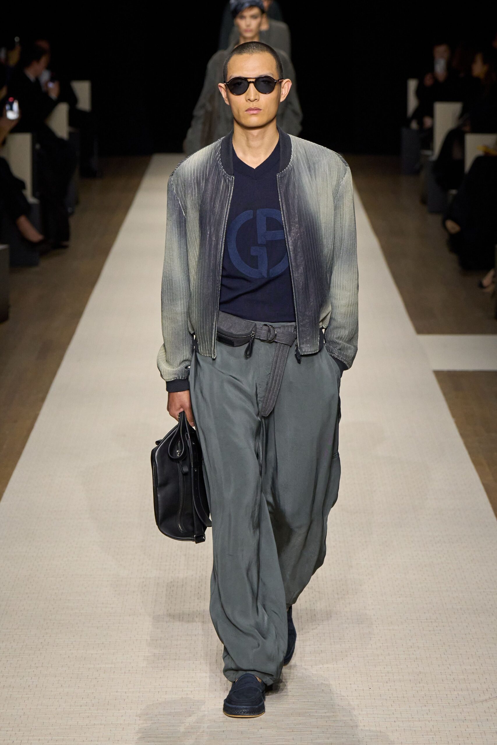 gray relaxed jacket with navy shirt