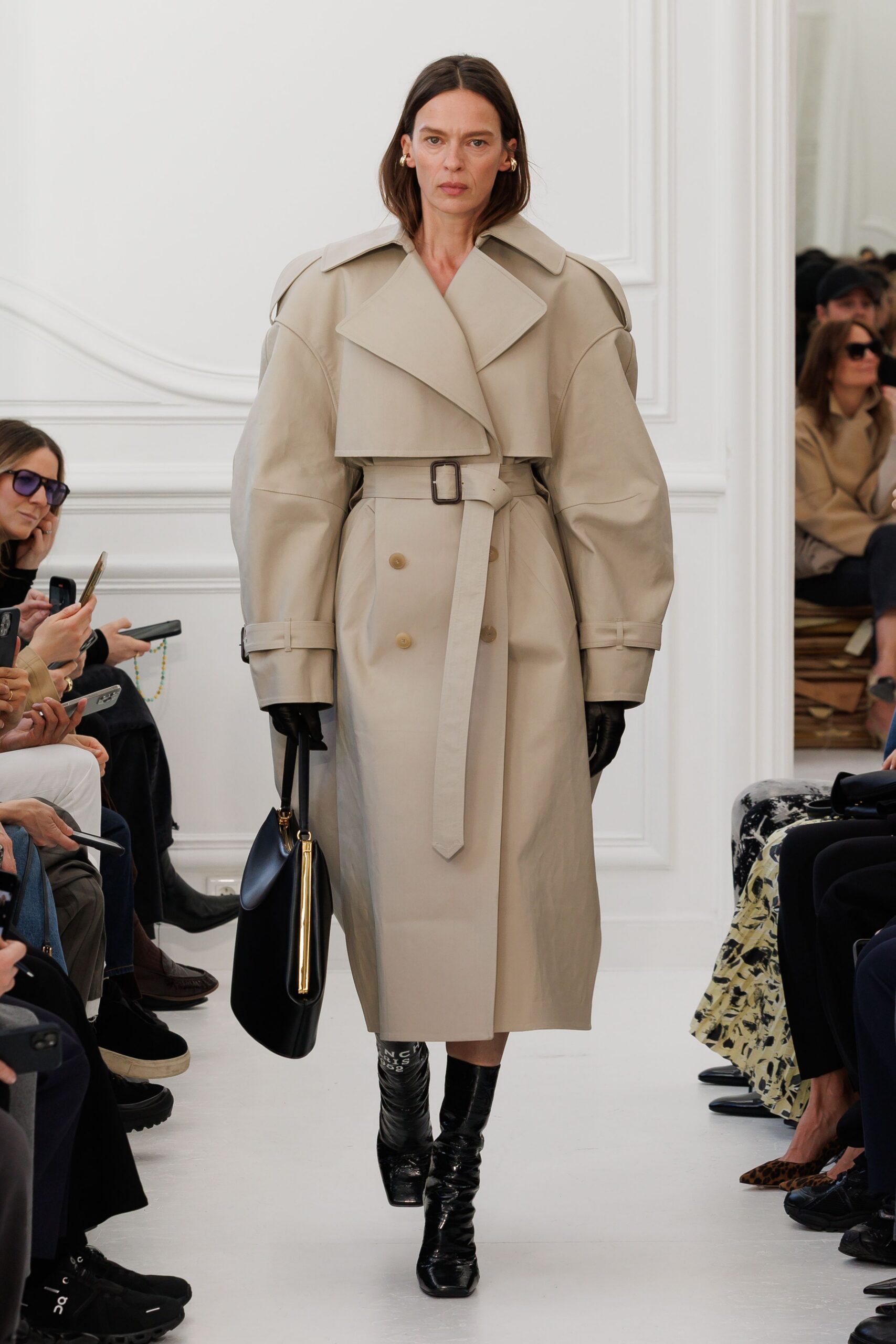 beige cotton long-sleeve collared oversized belted midi trench