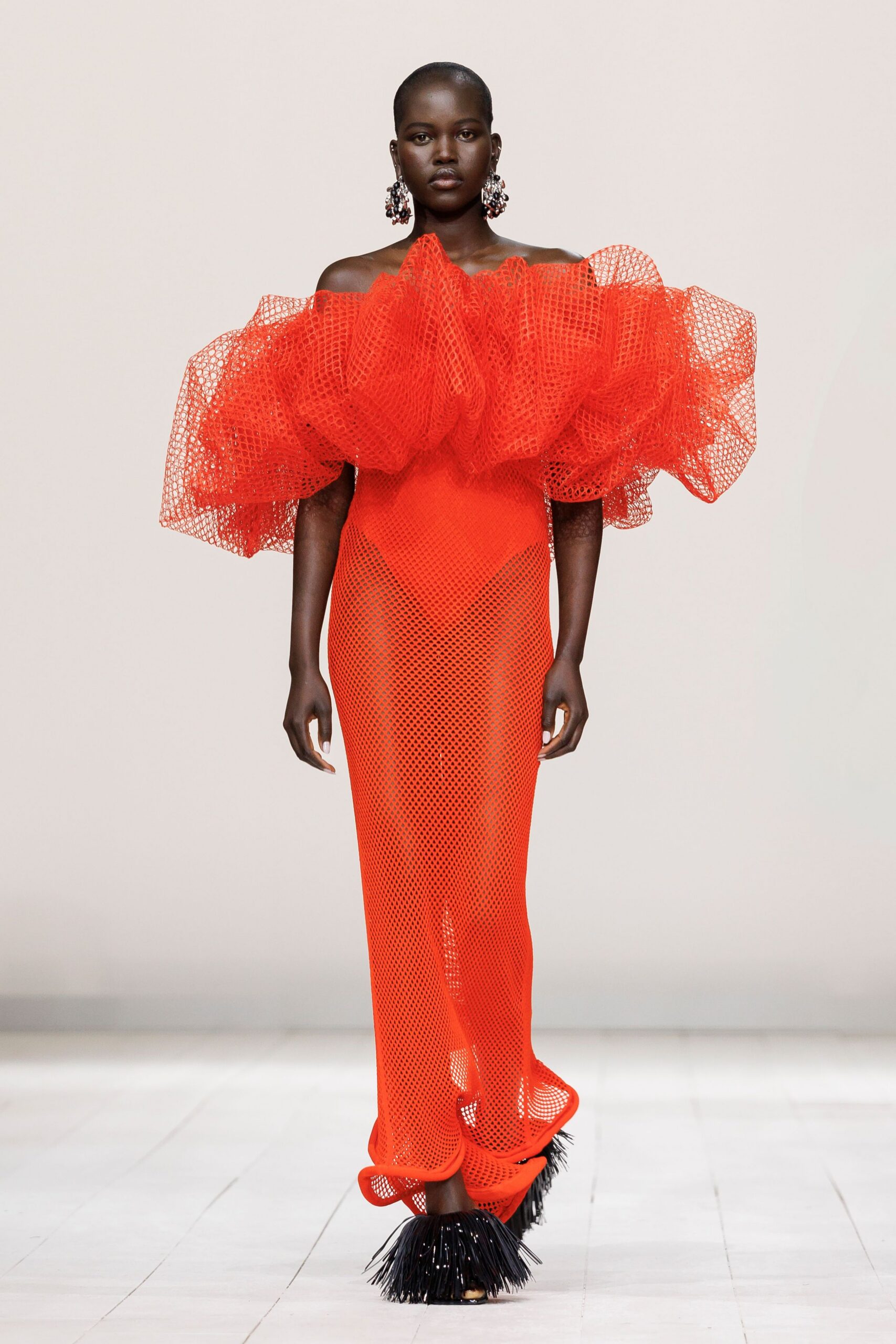 red mesh off-shoulder fitted ruffled sheer maxi gown