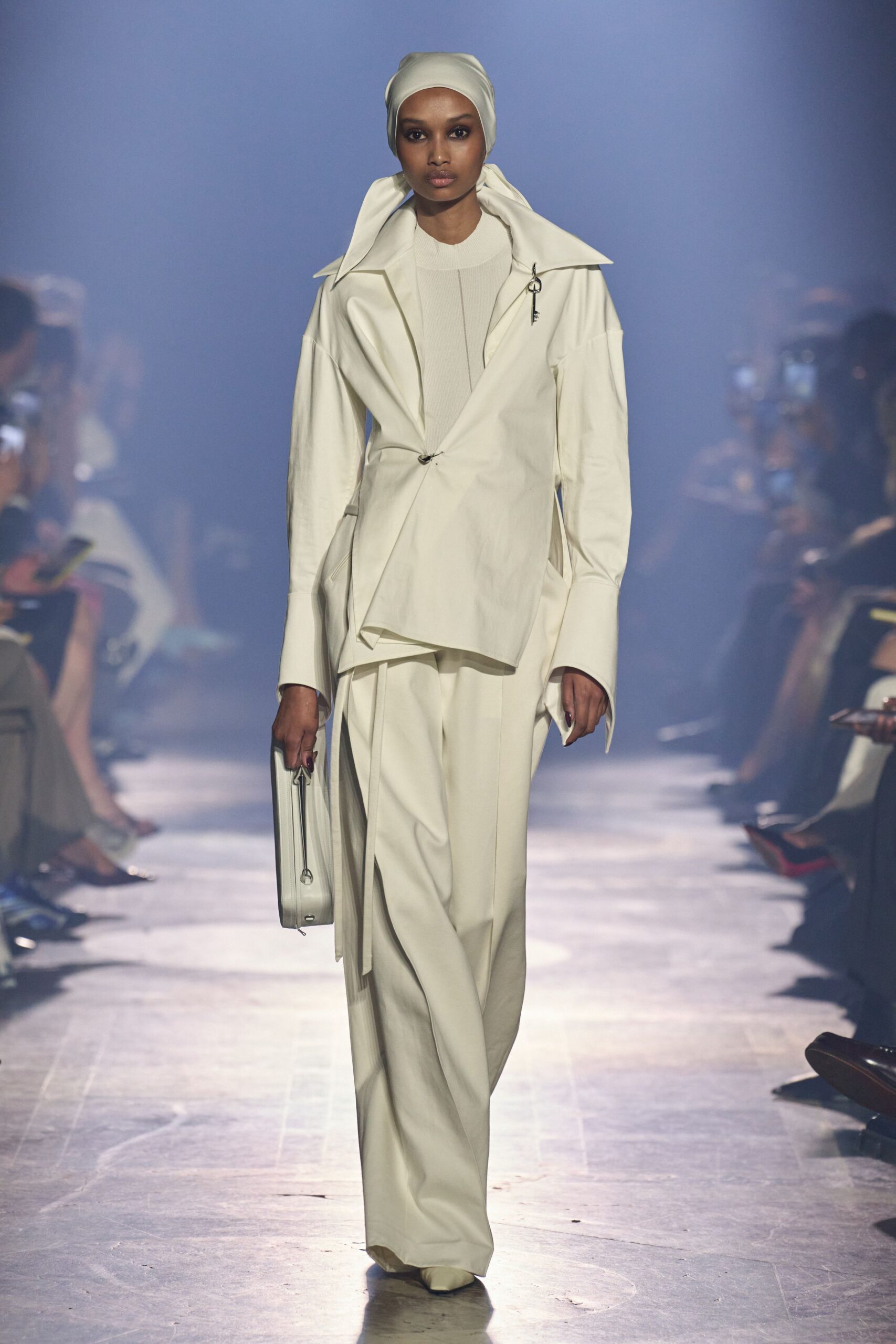 white cotton long-sleeve collared structured buttoned blazer