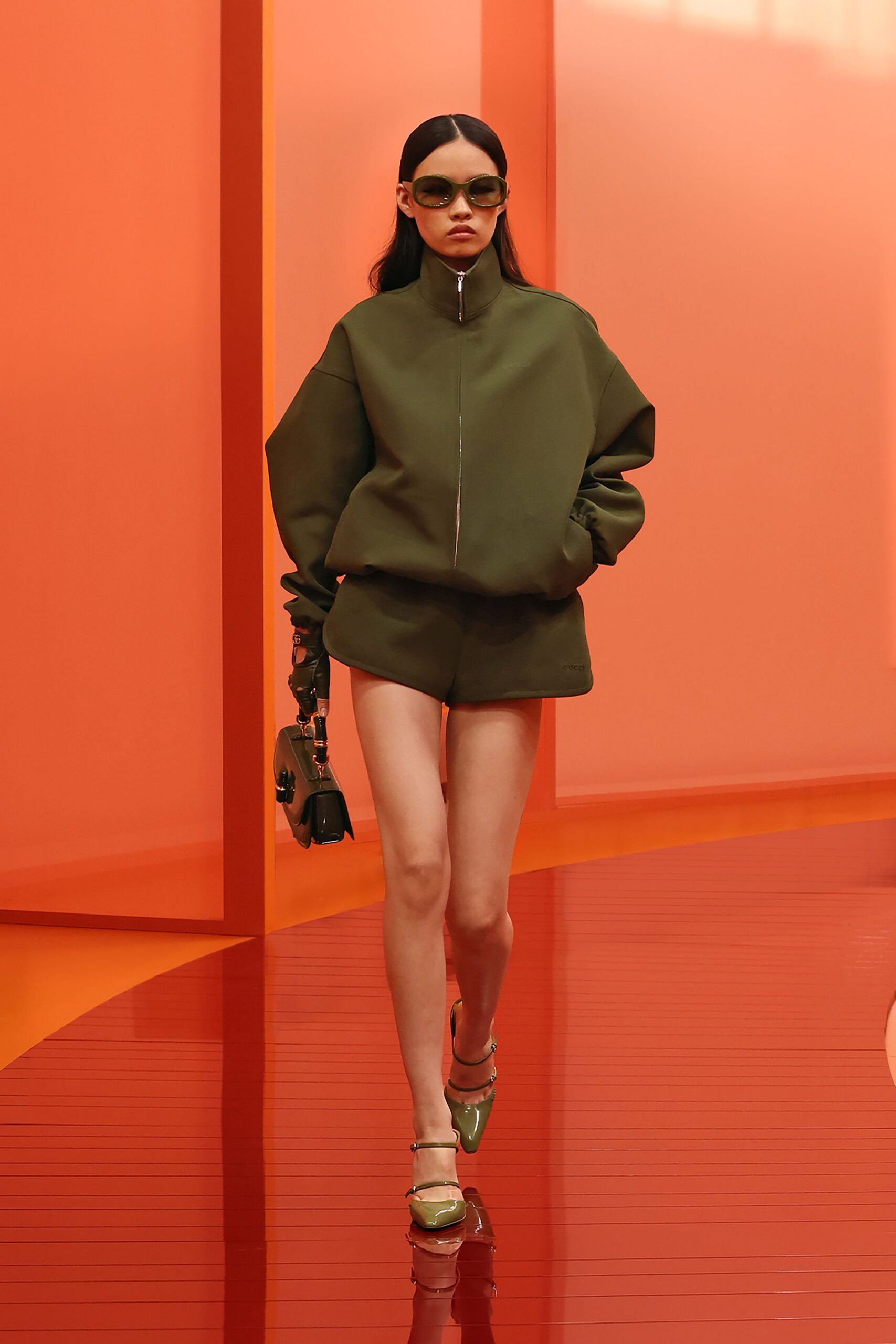 green cotton long-sleeve collared oversized hoodie