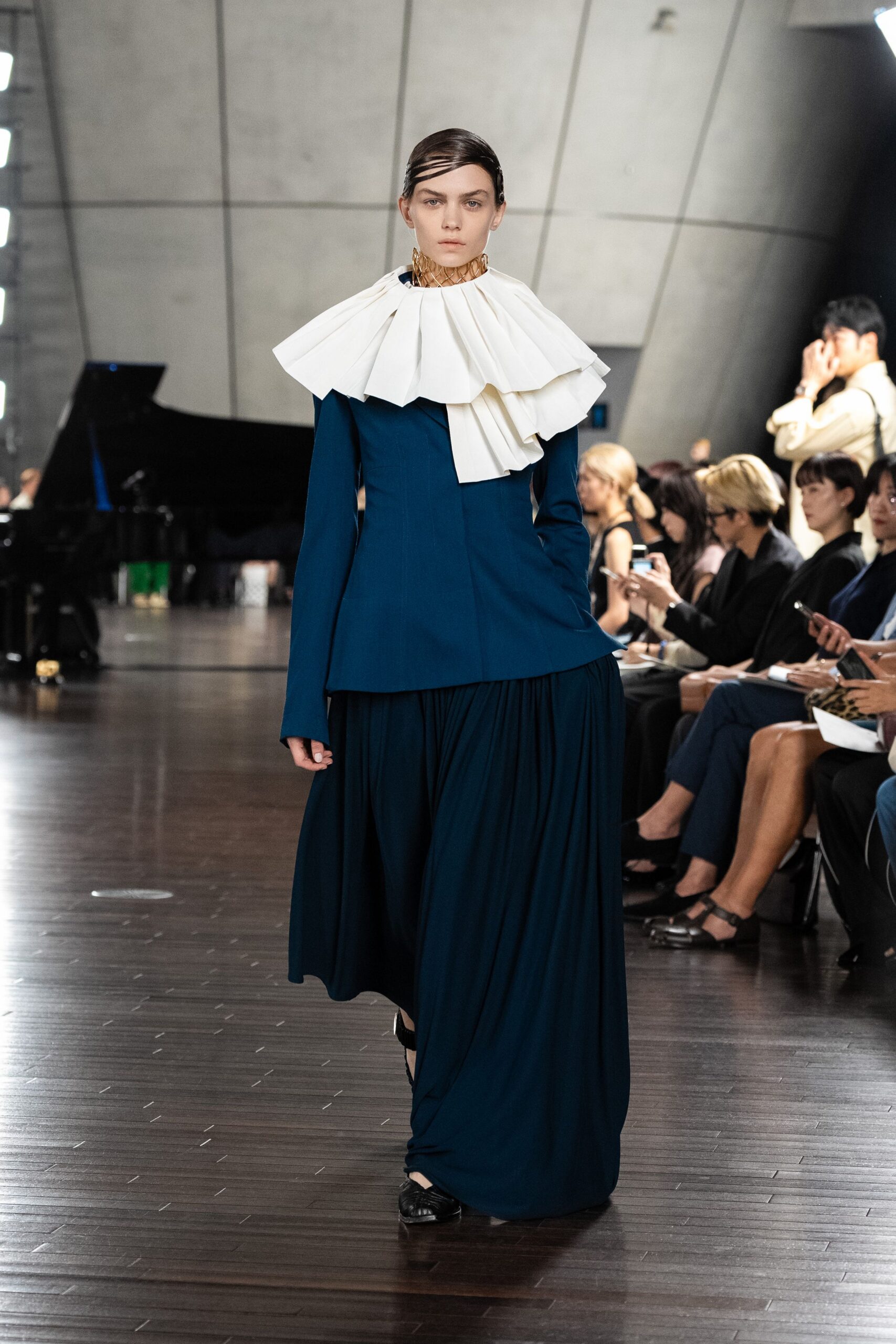 blue cotton long-sleeve high-neck fitted pleated layered dress