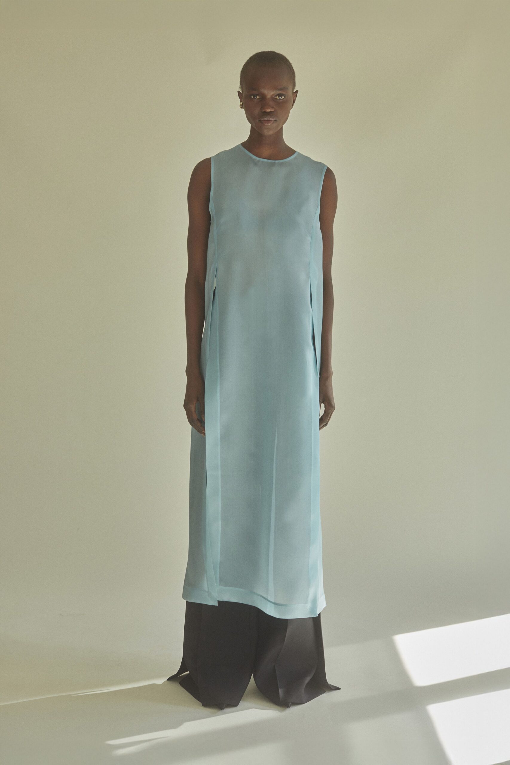 blue silk sleeveless high-neck relaxed straight-leg maxi dress