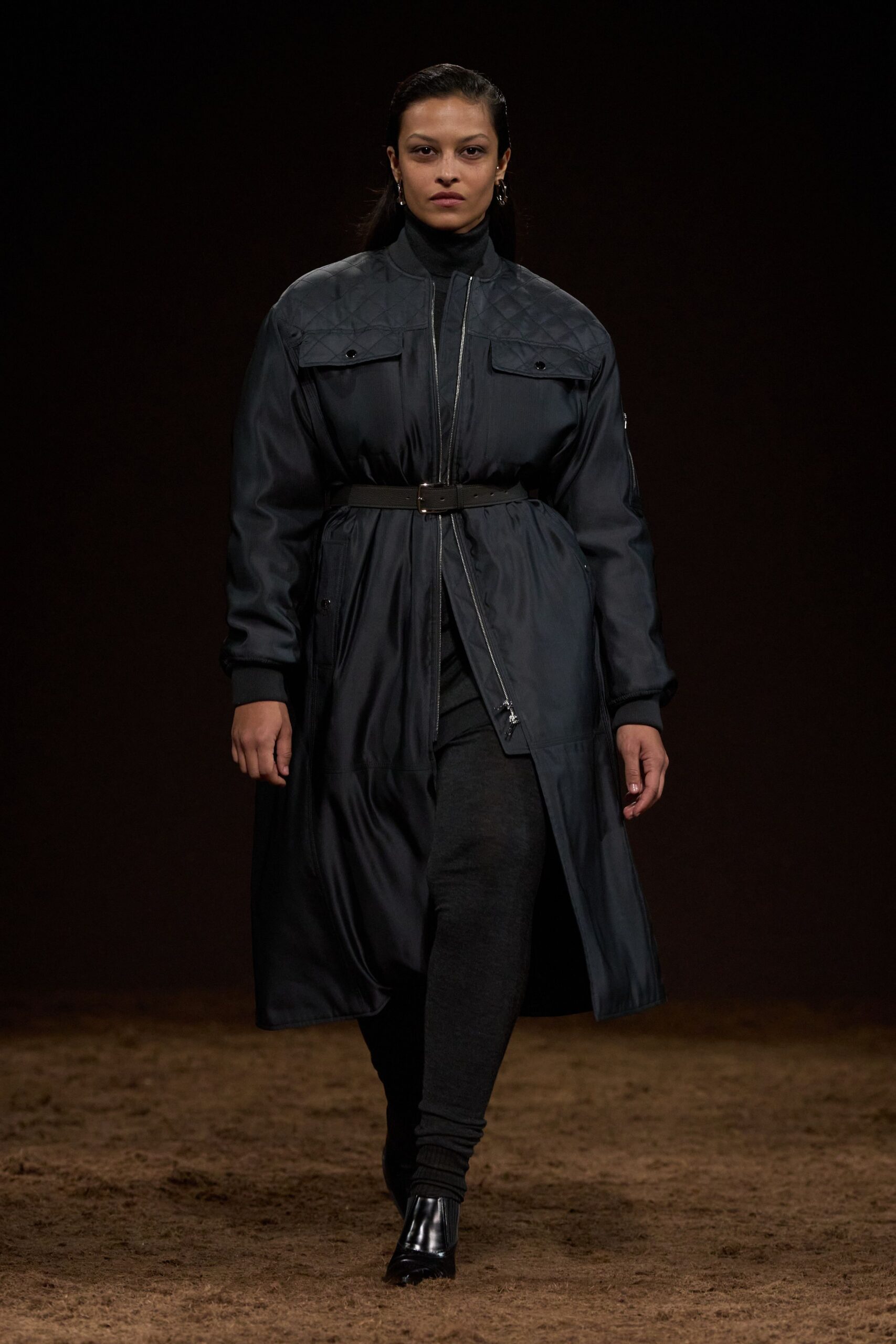 black coat with fitted top and pants