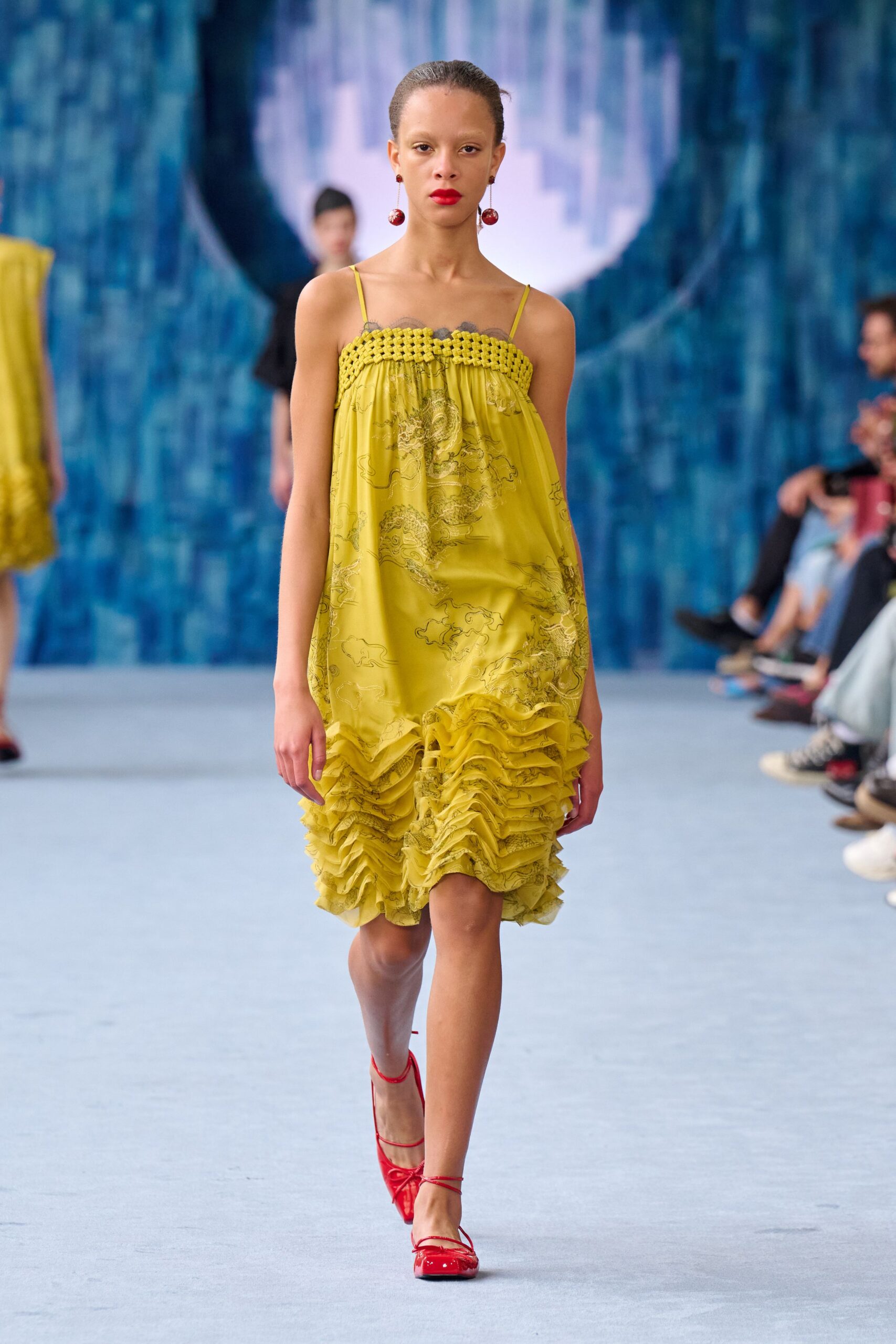 yellow cotton sleeveless v-neck relaxed ruffled embroidered dress