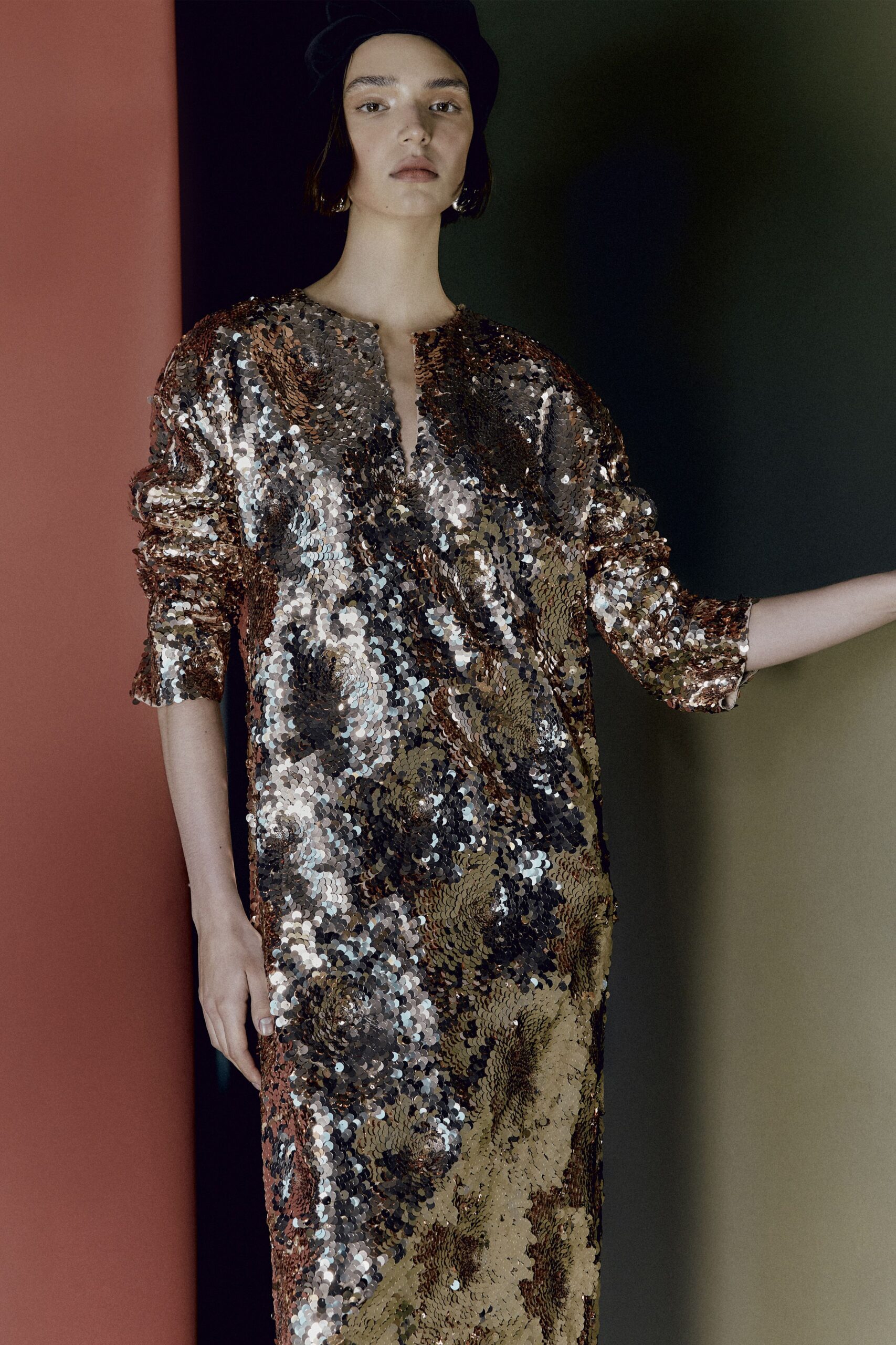 gold sequin long-sleeve v-neck fitted layered shiny dress