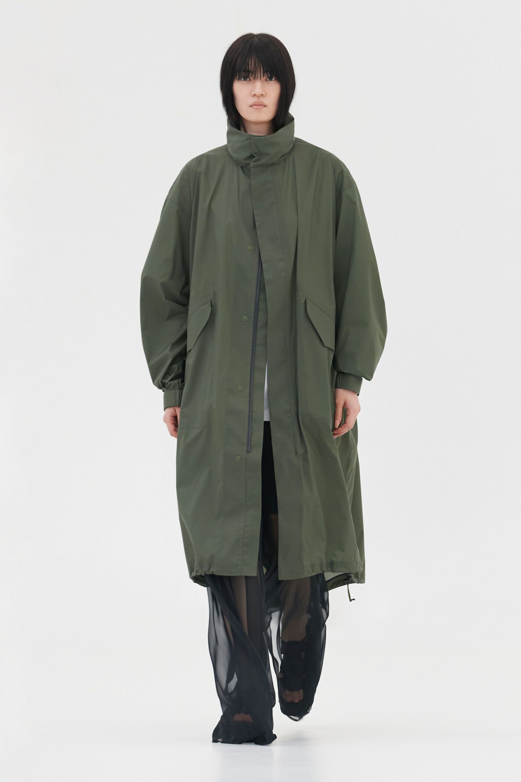 green cotton long-sleeve collared relaxed zippered maxi coat