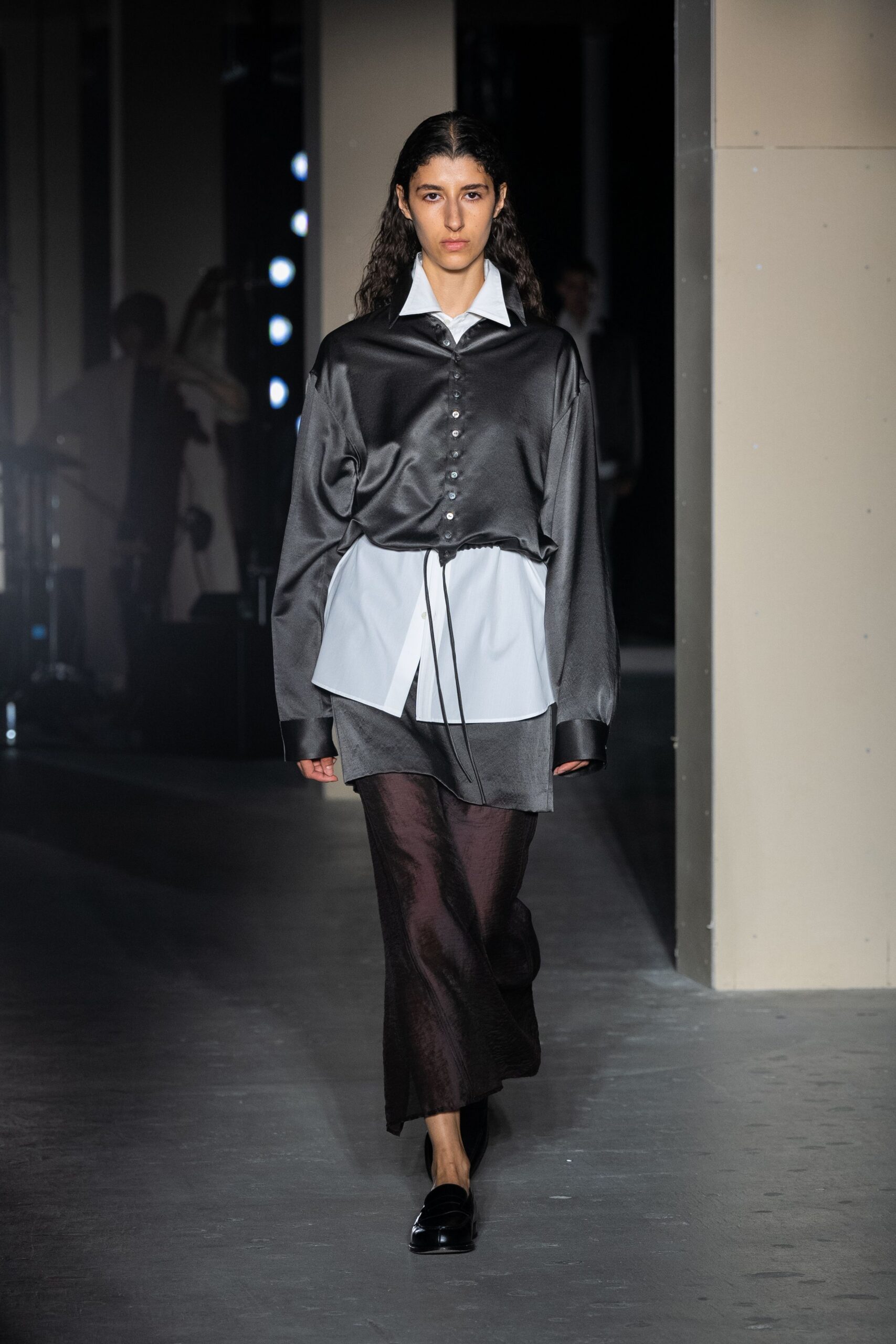 black silk shirt white blouse brown midi skirt