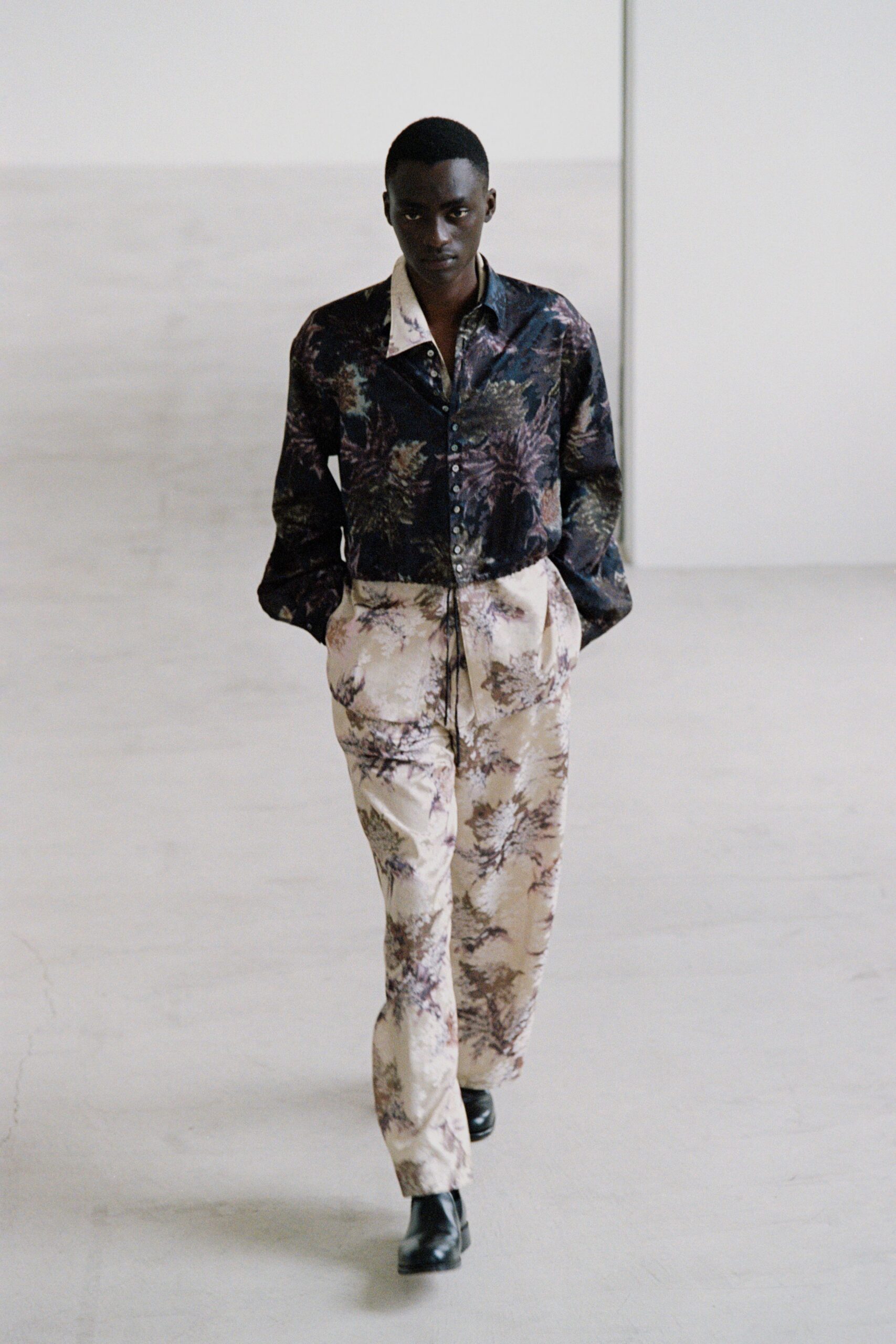 black silk long-sleeve collared relaxed floral buttoned shirt