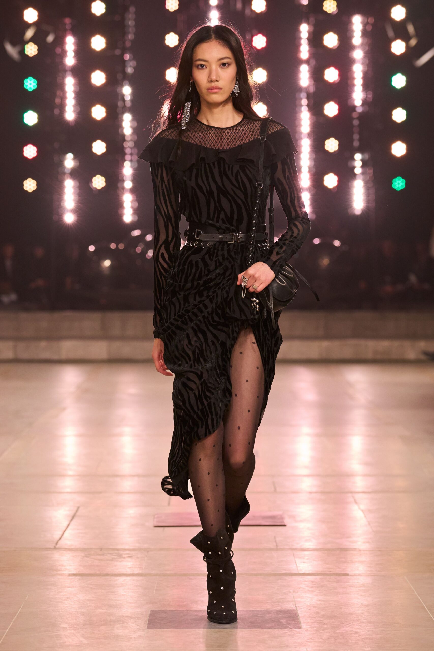black silk long-sleeve v-neck fitted animal-print belted dress