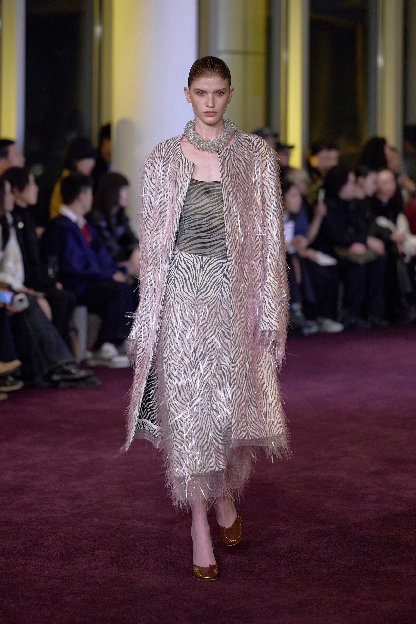 pink silk long-sleeve relaxed fringed shiny maxi coat