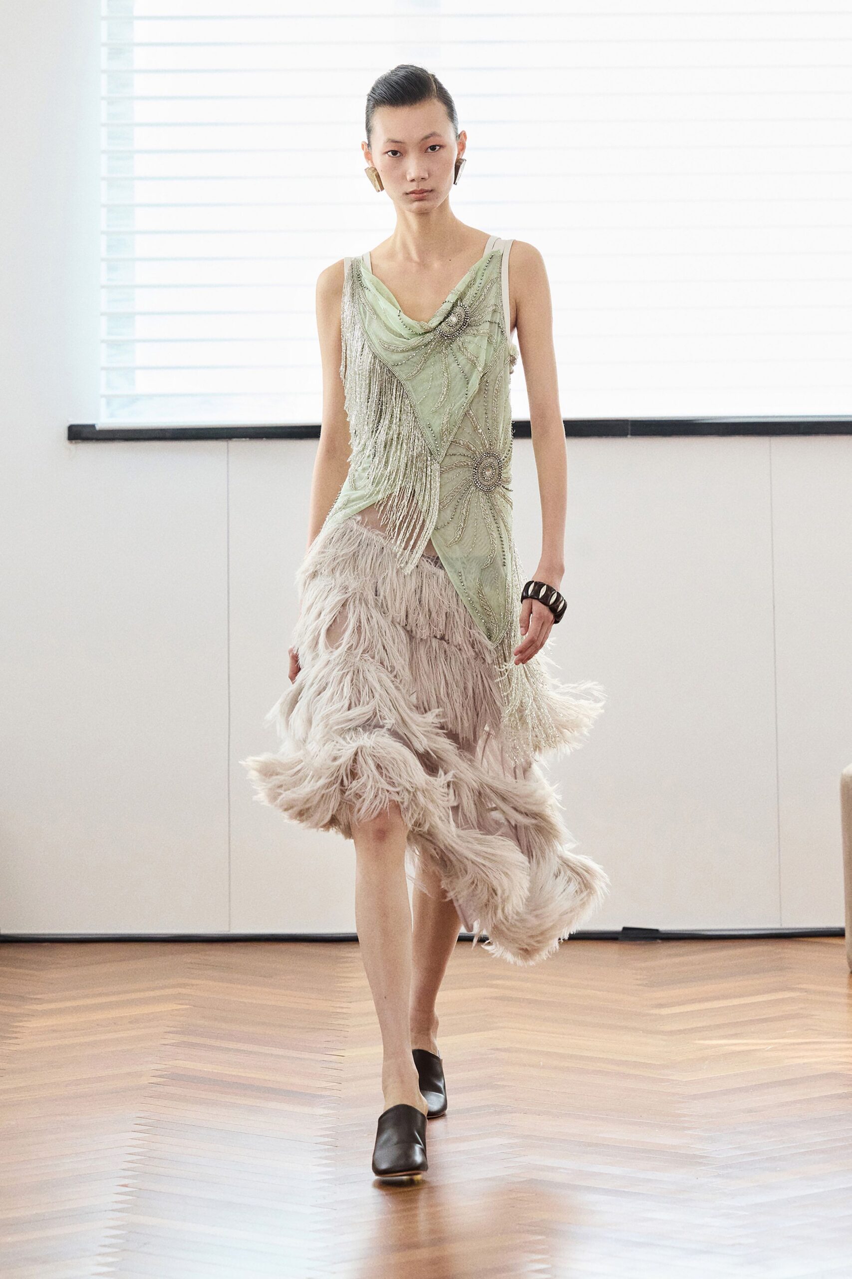 green silk sleeveless v-neck fitted fringed layered dress
