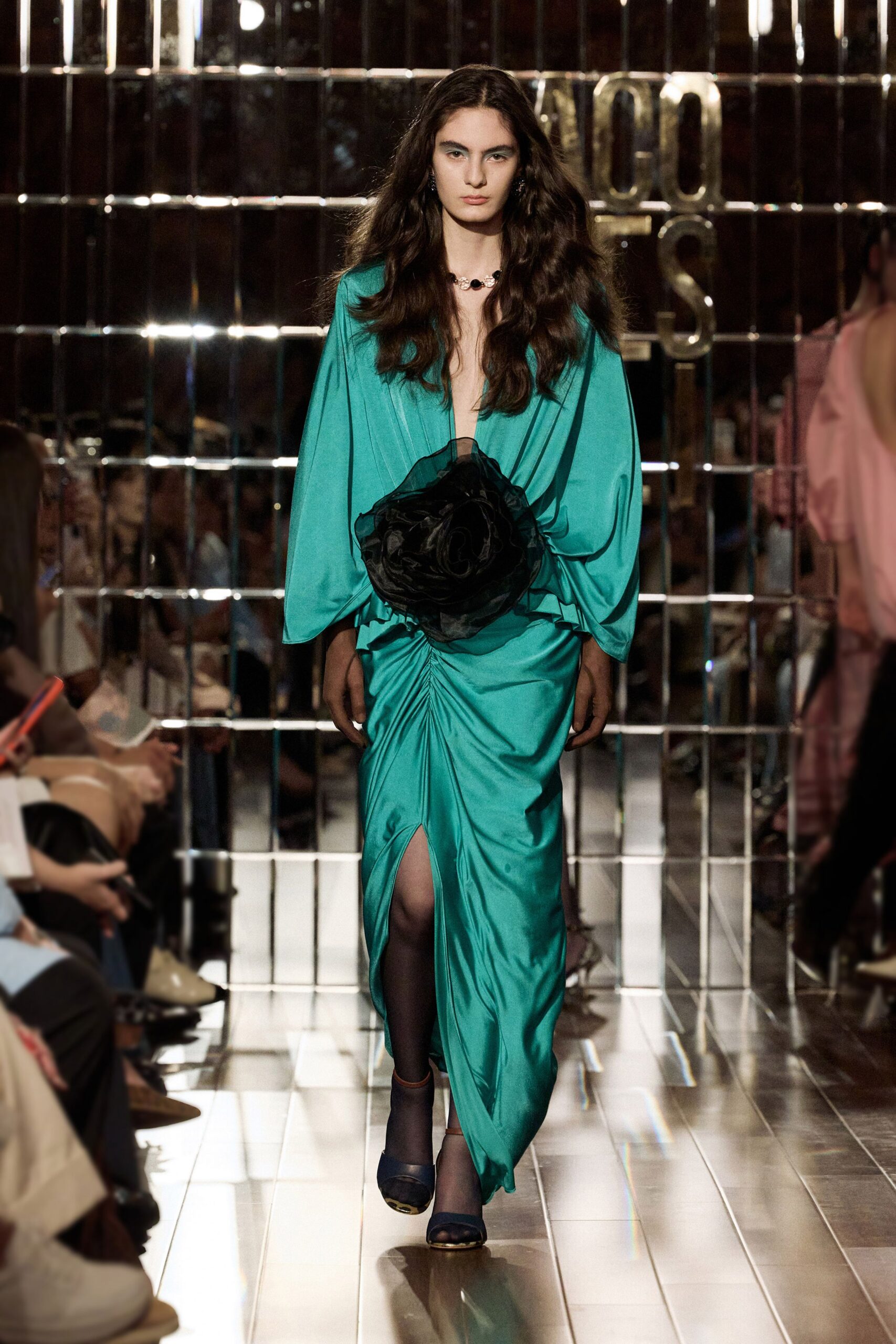 teal silk long-sleeve v-neck fitted draped layered dress