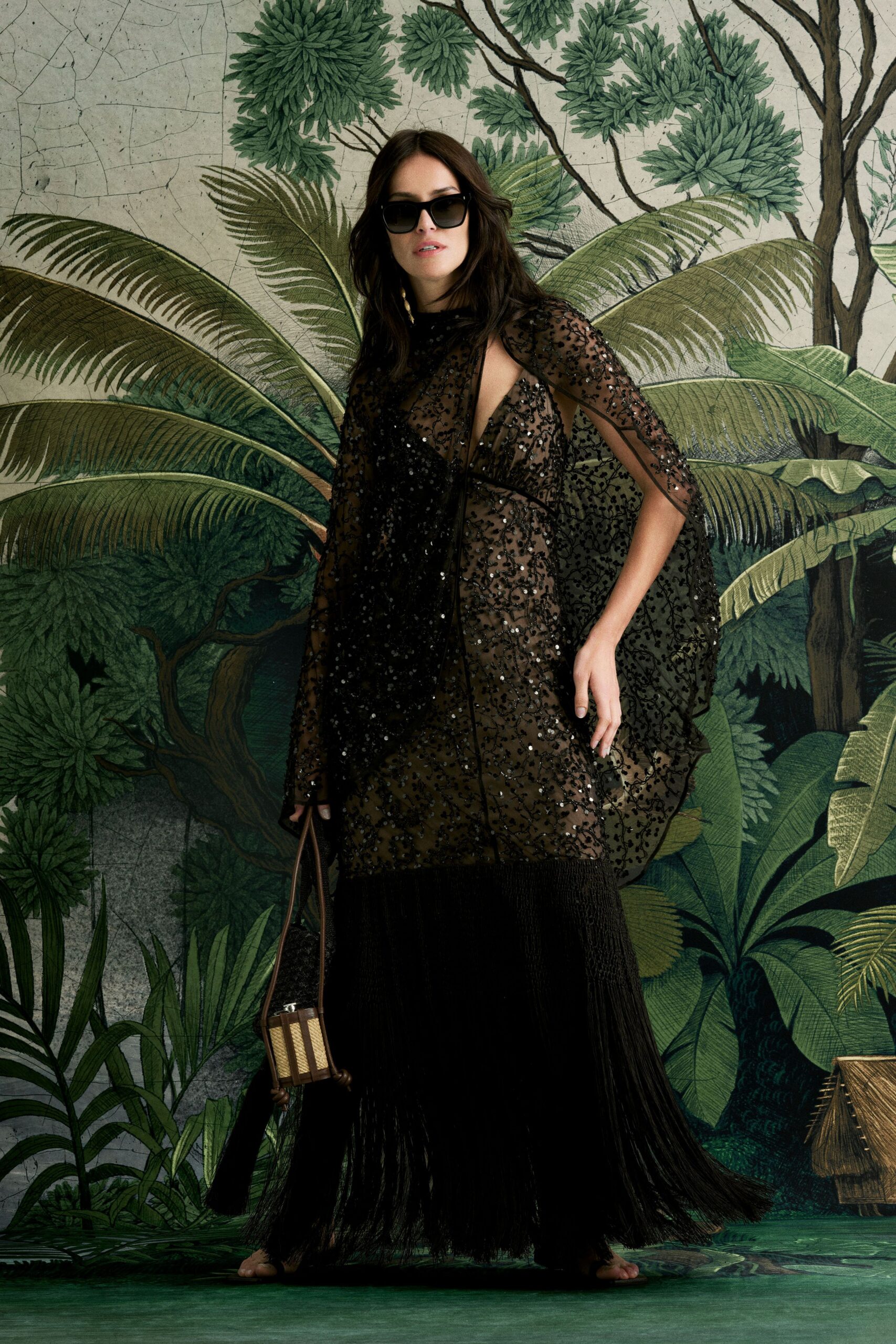 black sequin sleeveless v-neck fitted layered fringed gown