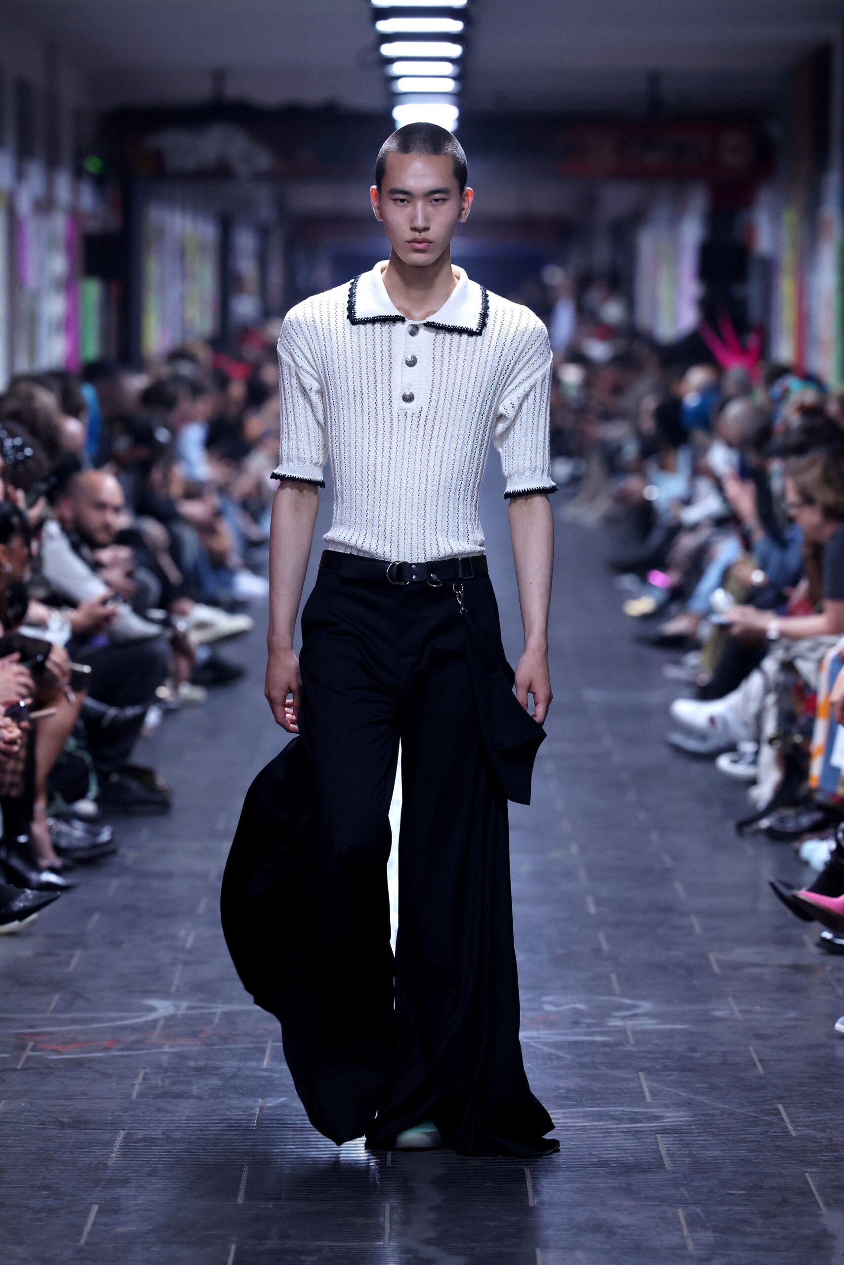 white collared shirt and black wide-leg pants