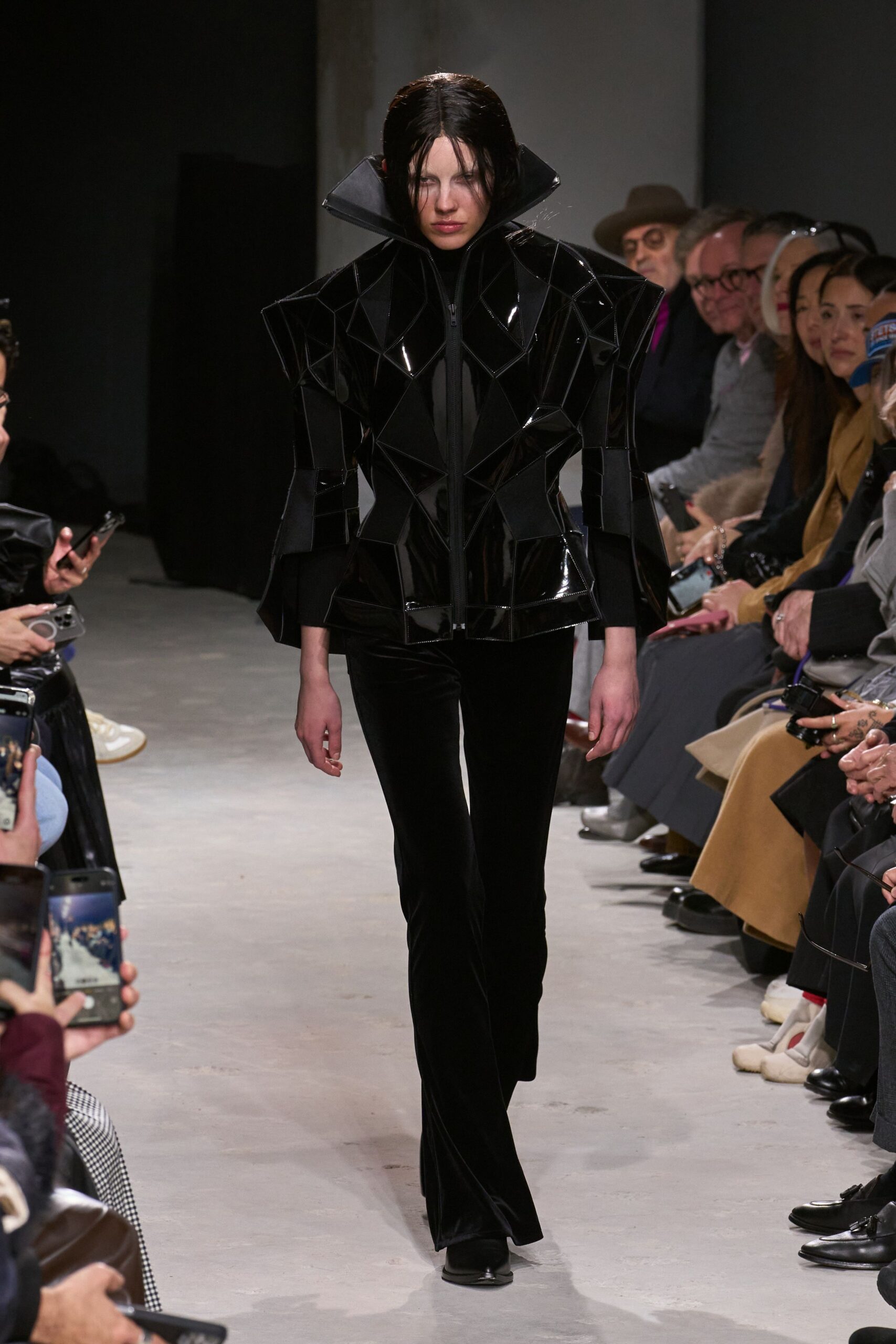 black vinyl long-sleeve collared structured layered shiny jacket