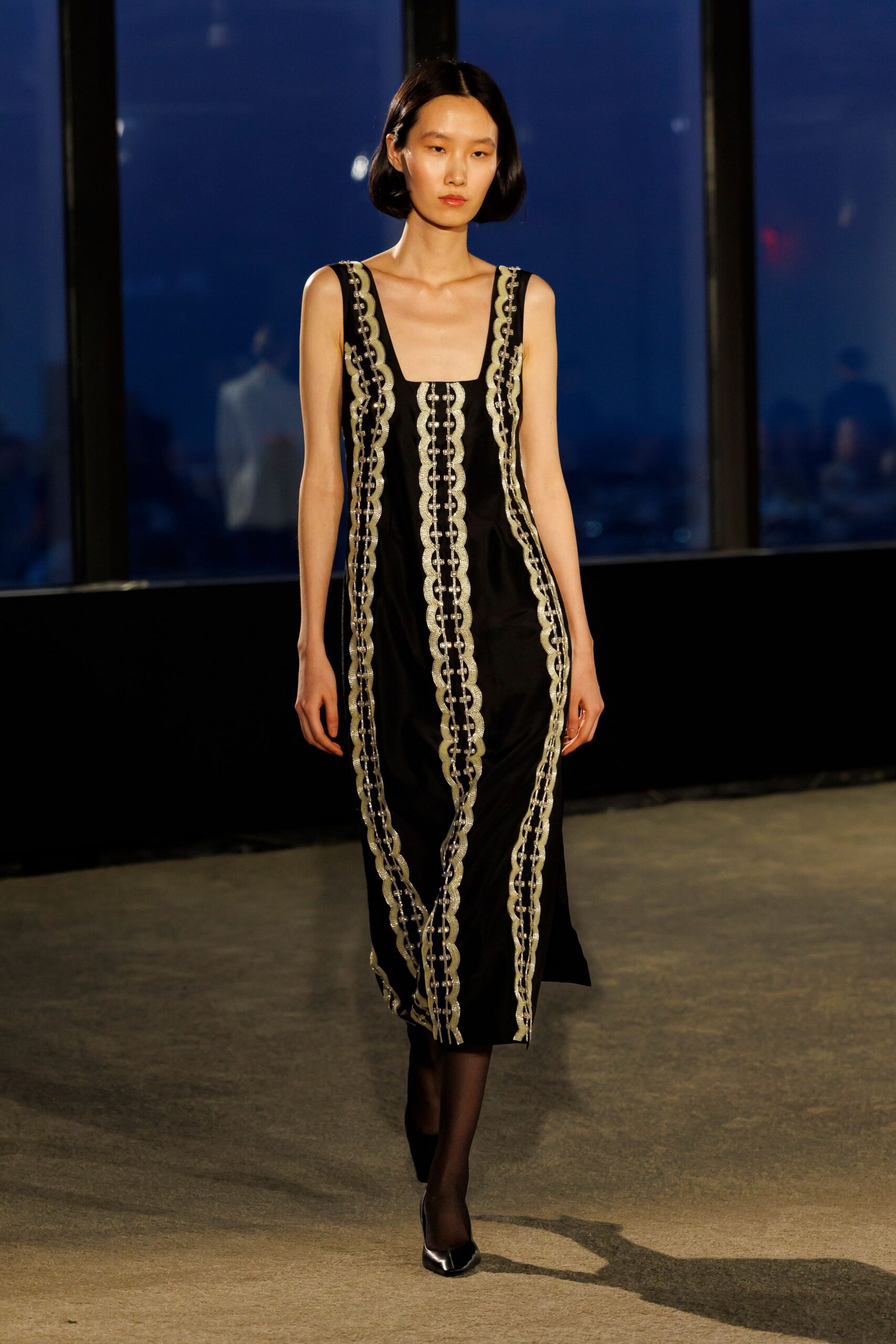 black silk embroidered midi dress