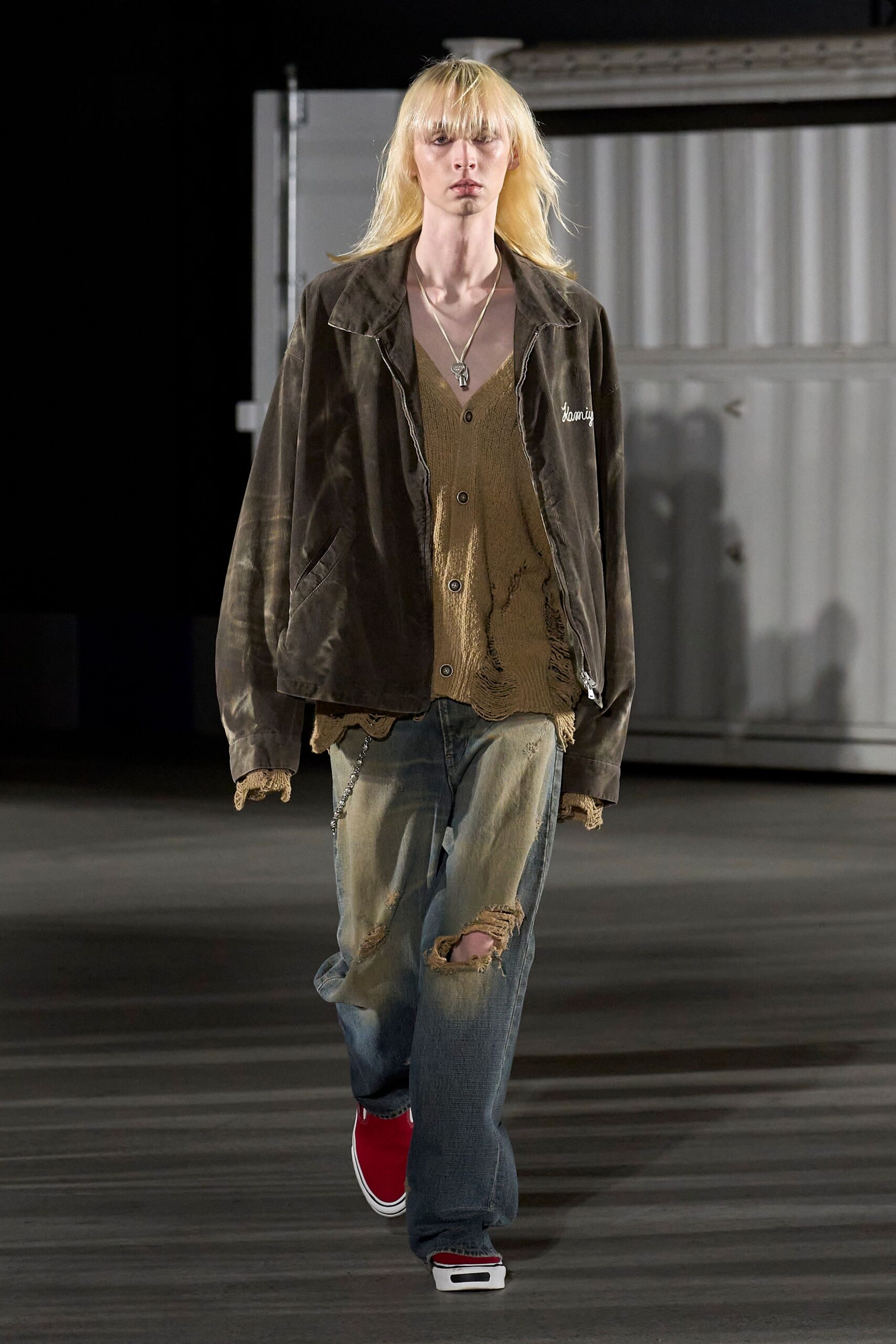 brown velvet relaxed jacket with beige knit top