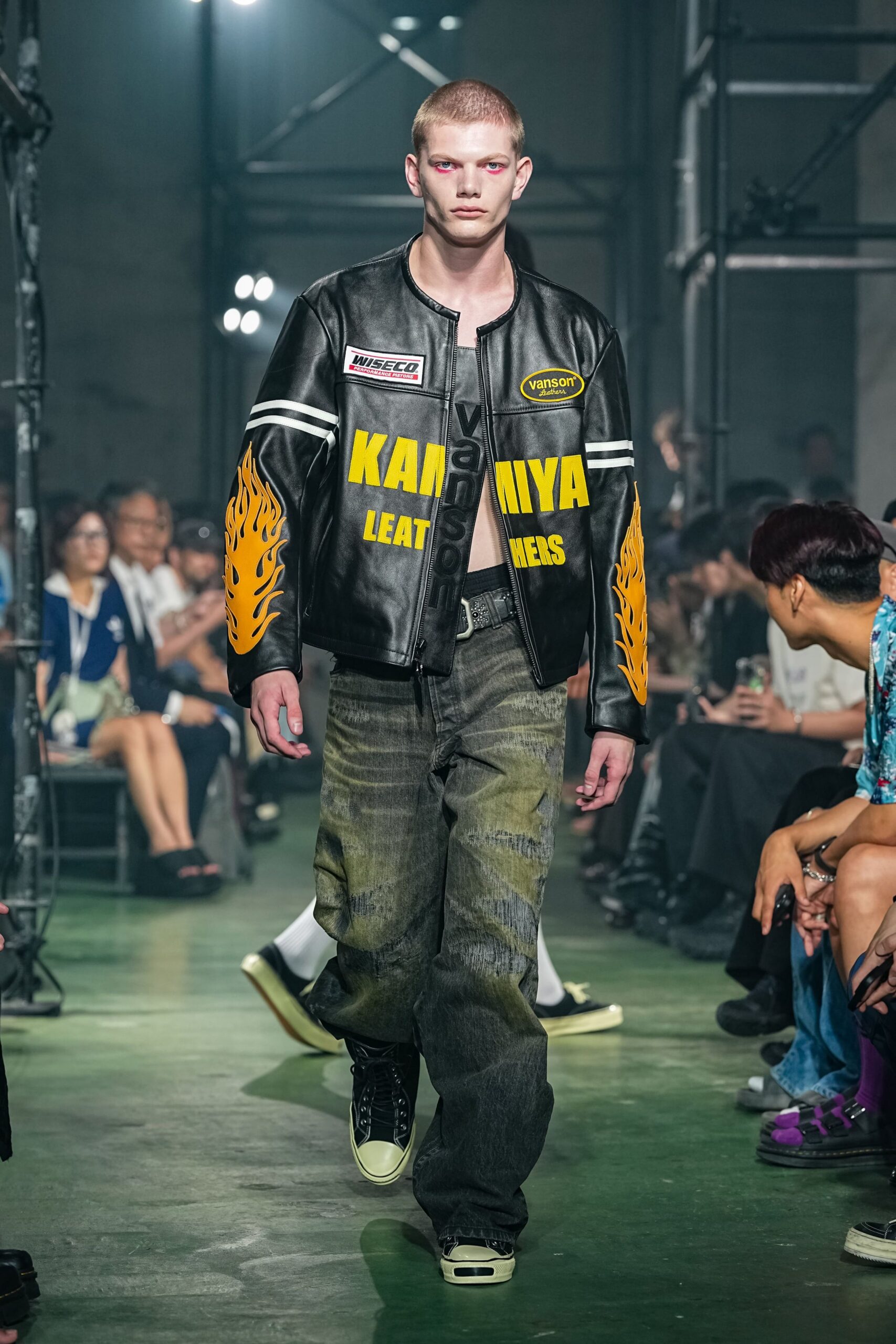 black leather jacket with flames