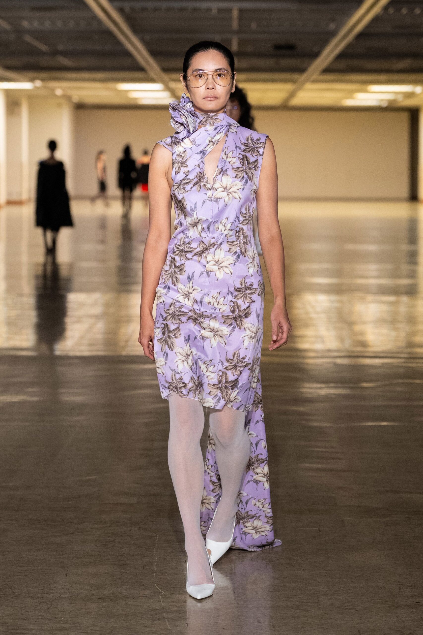purple silk sleeveless high-neck fitted floral draped dress