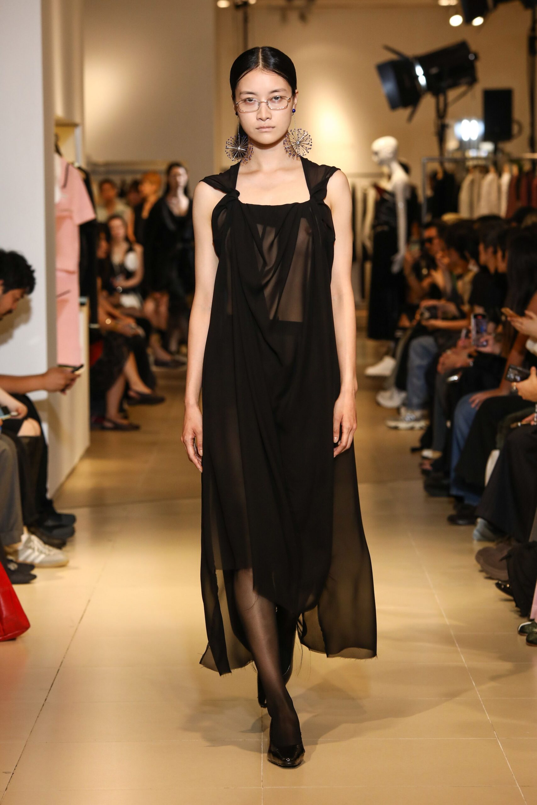 black chiffon sleeveless v-neck relaxed draped flowing dress
