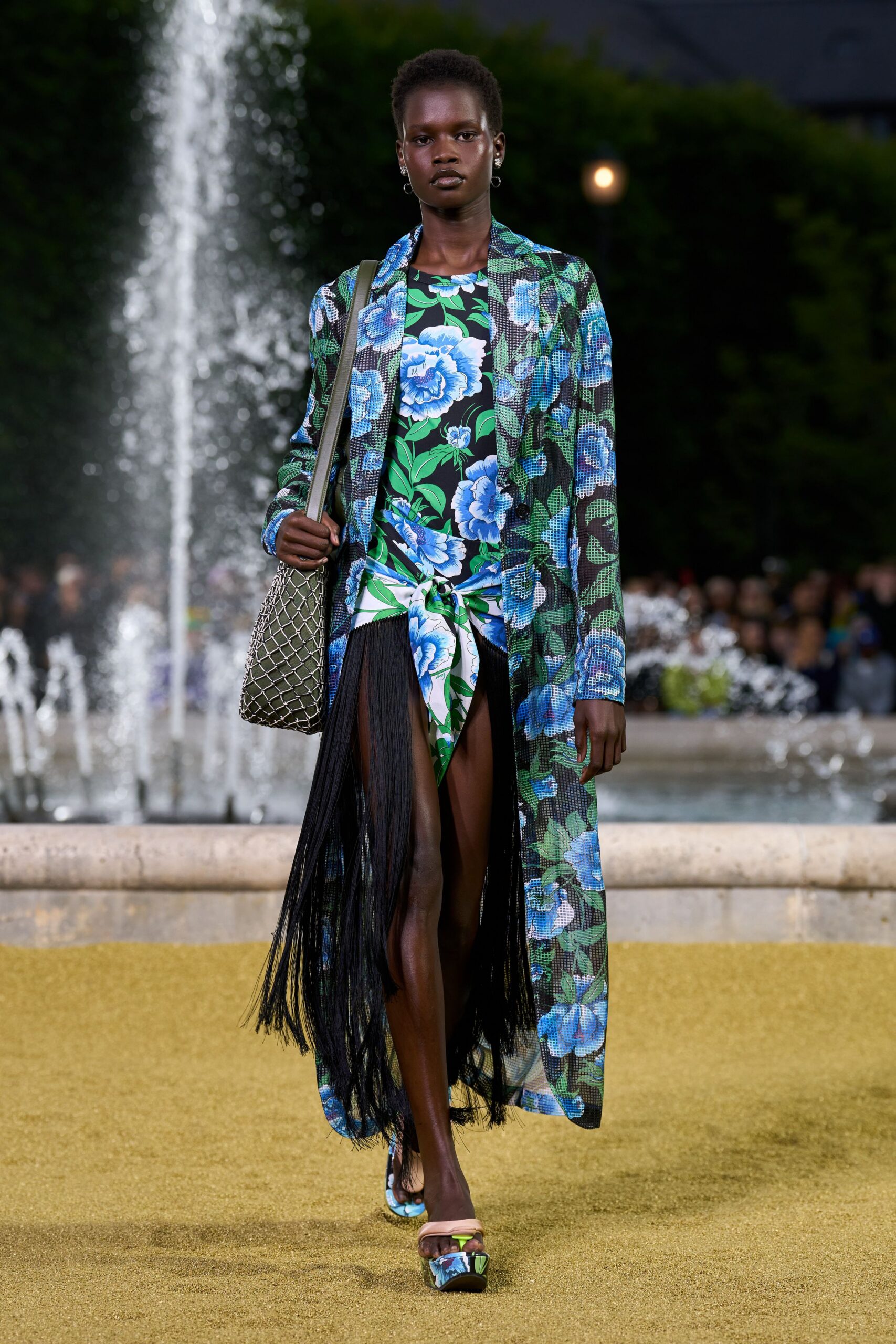green silk long-sleeve relaxed floral layered maxi coat
