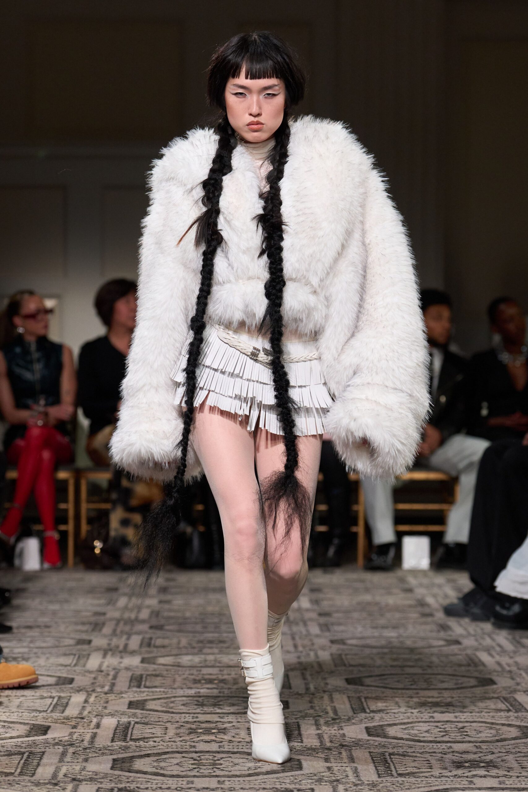 white faux-fur long-sleeve oversized fringed coat