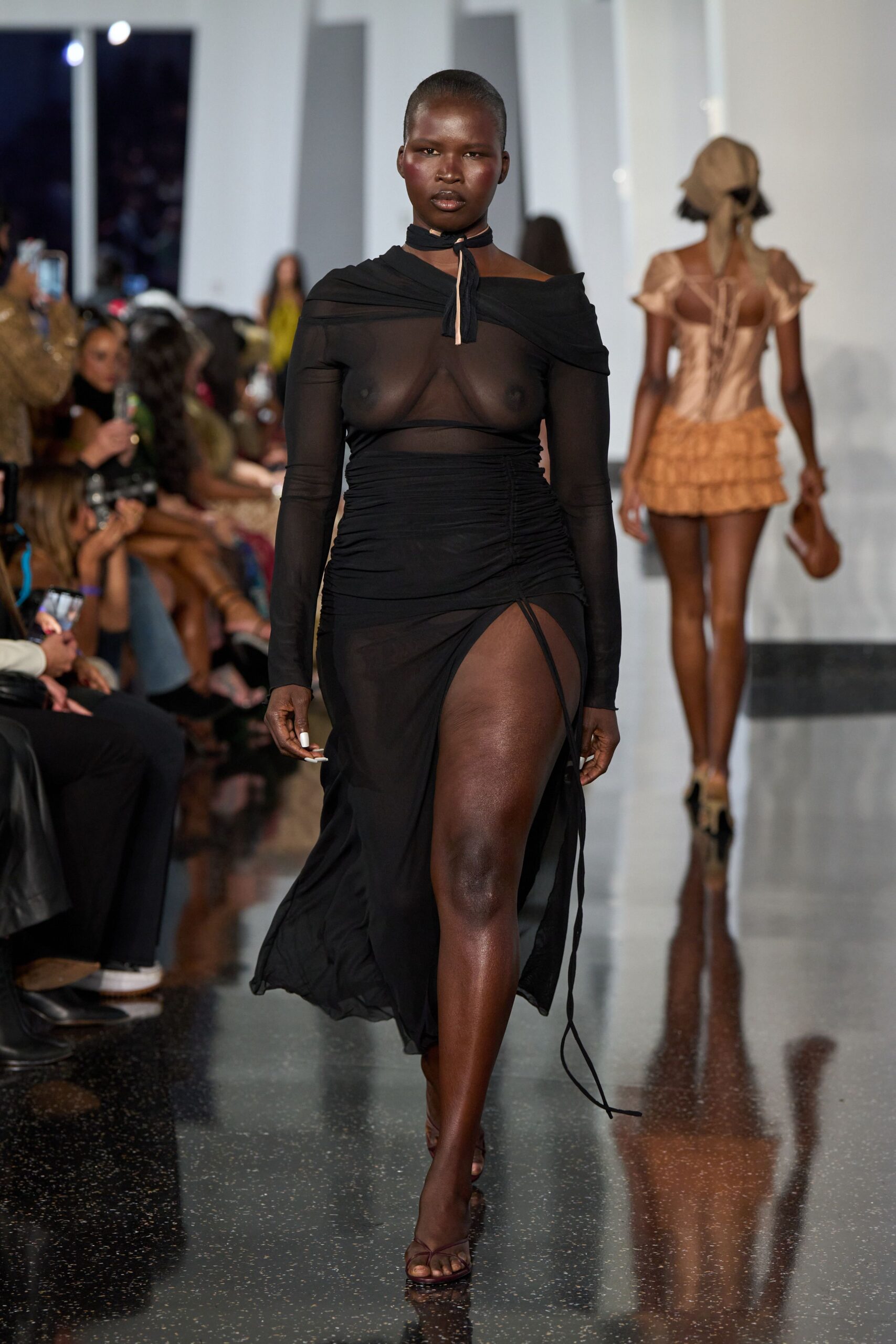 black silk off-shoulder long-sleeve fitted draped sheer dress