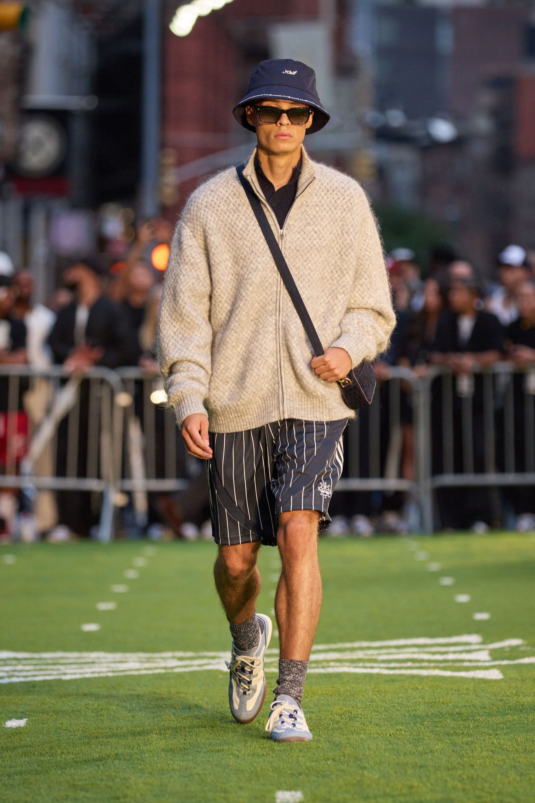 beige wool sweater with striped shorts