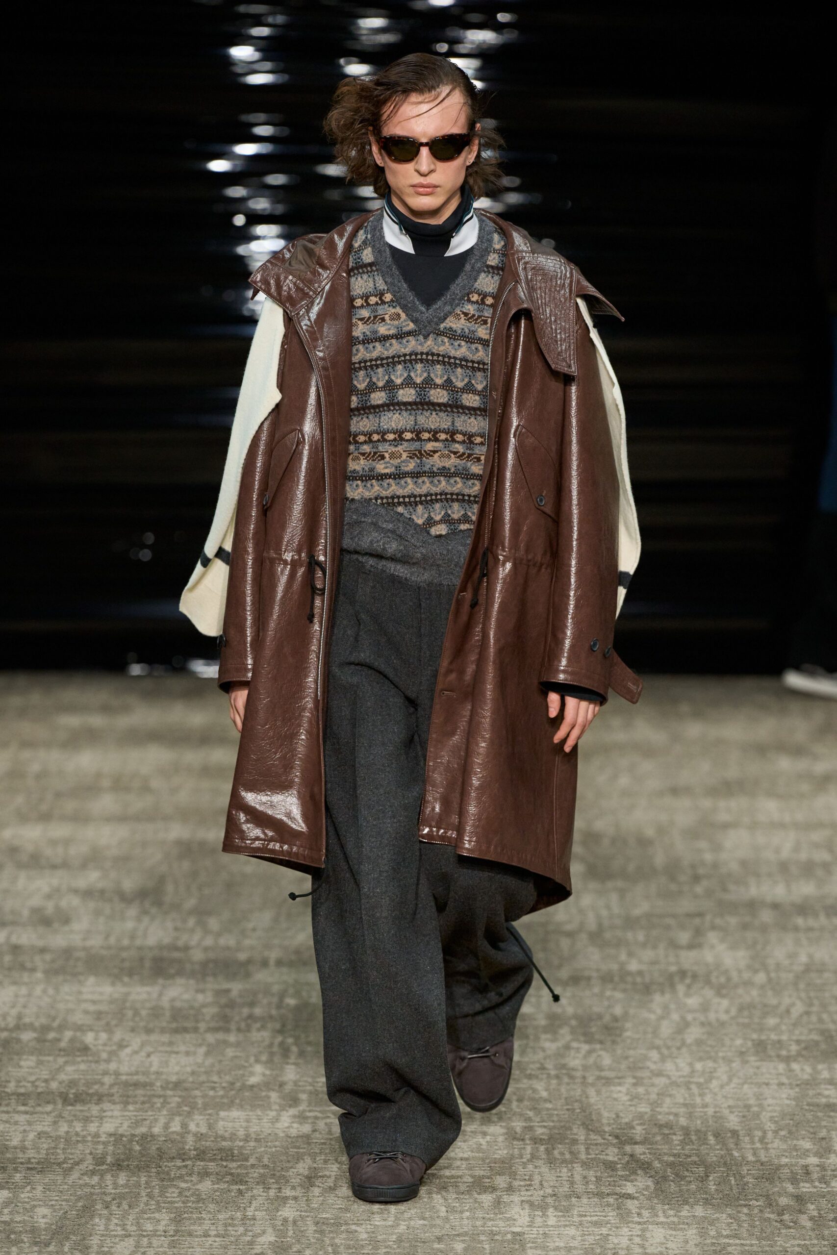 brown leather coat with gray sweater