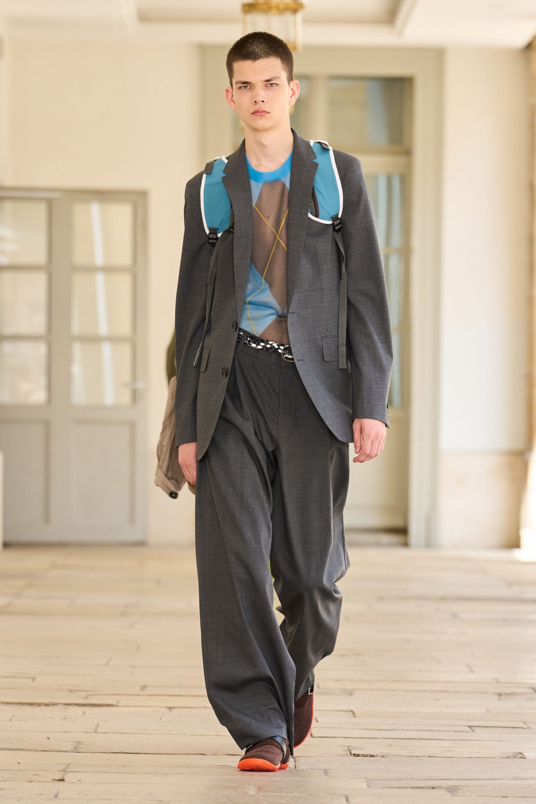 gray tailored blazer with wide-leg pants