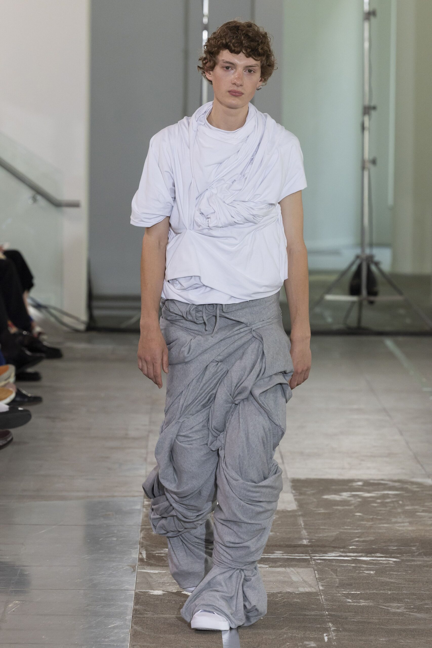 relaxed white top gray pants