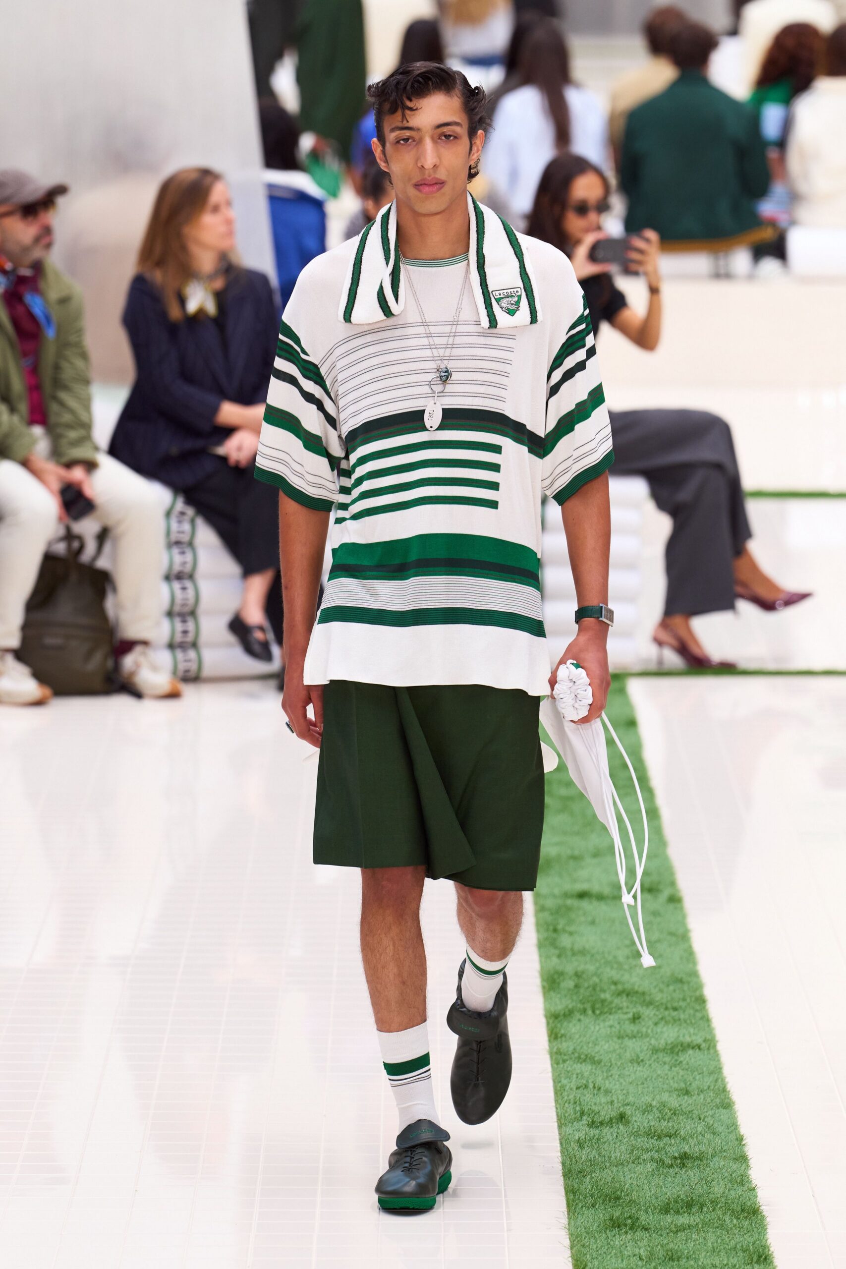 relaxed green and white striped shirt with shorts