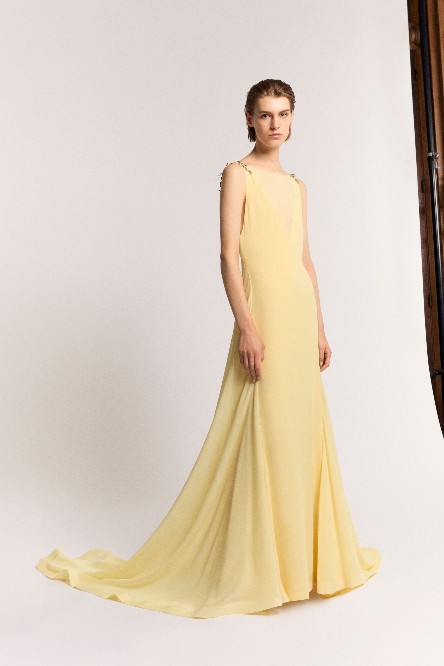 yellow silk sleeveless gown