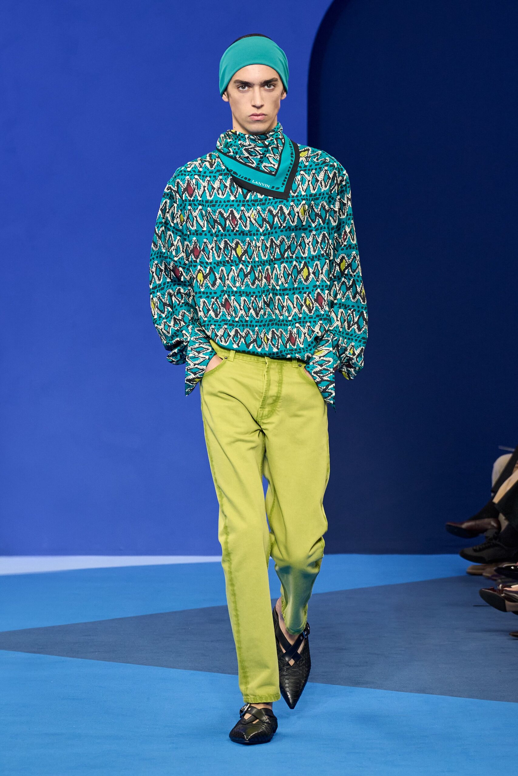 printed blue green shirt with slim pants