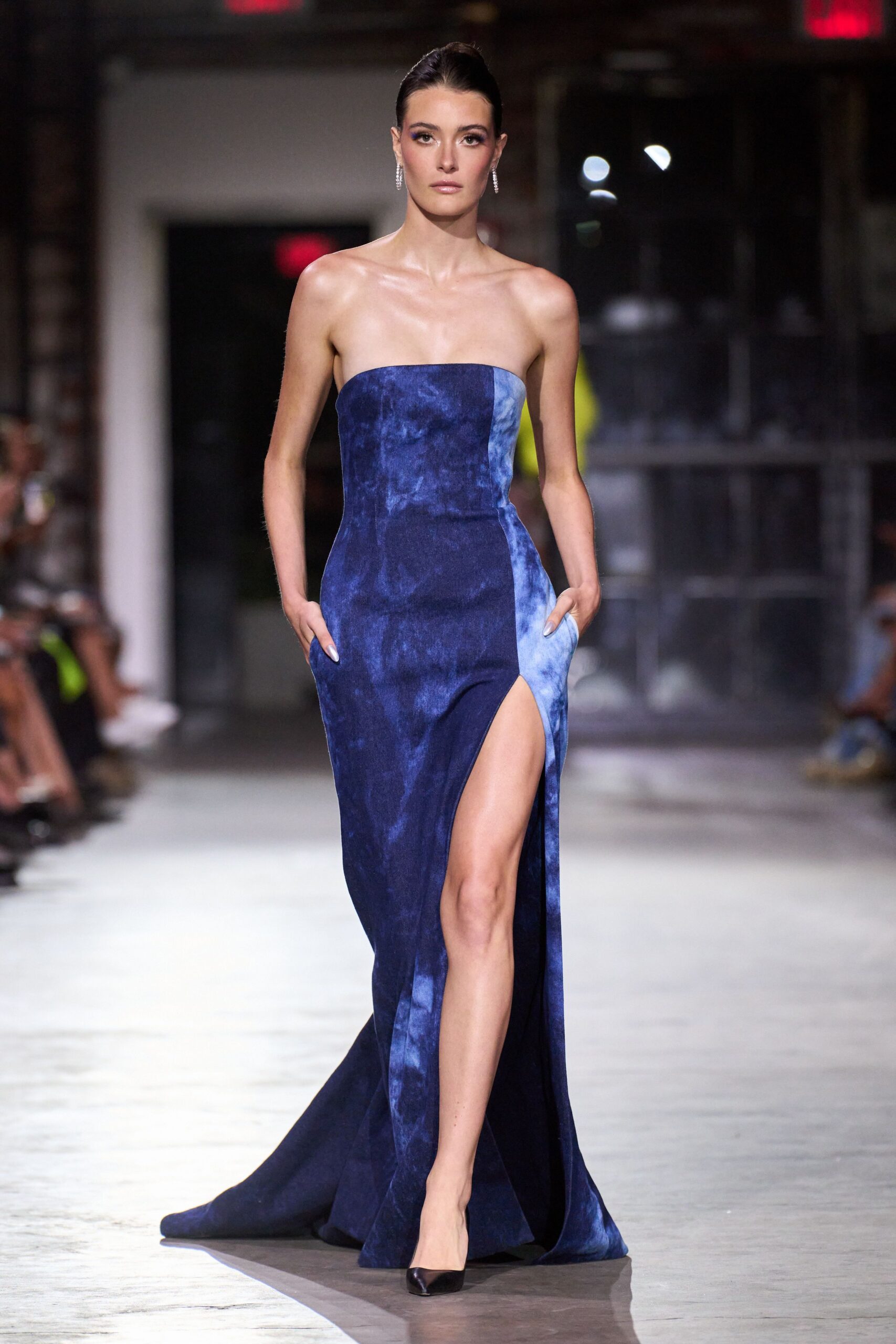 blue silk strapless slit fitted draped maxi gown