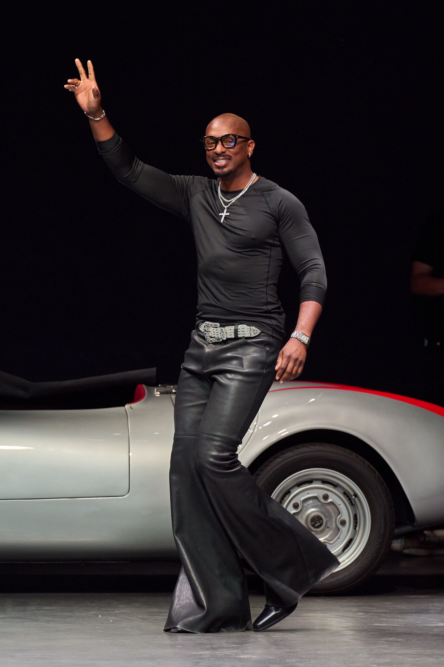 black leather fitted flared pants
