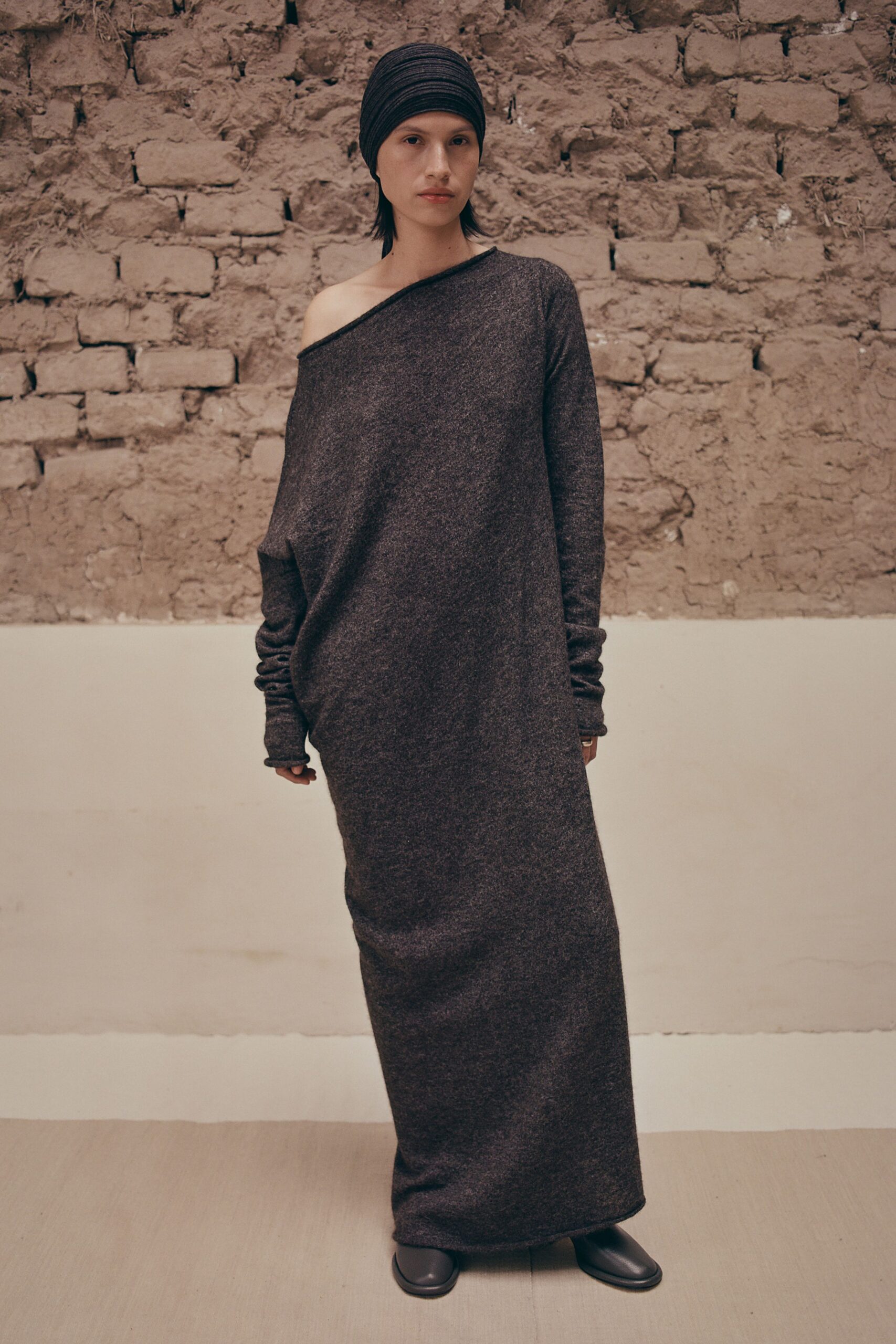 gray wool long-sleeve off-shoulder relaxed draped maxi dress